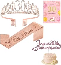 4 Pcs 30 Years Women's Birthday Crown Scarf 30 Years Happy 30 Birthday | 4 Pcs Crown 30 Scarf Miss 30 Years Greeting Card Happy Birthday Cake Topper Decoration Accessory Birthday Gift