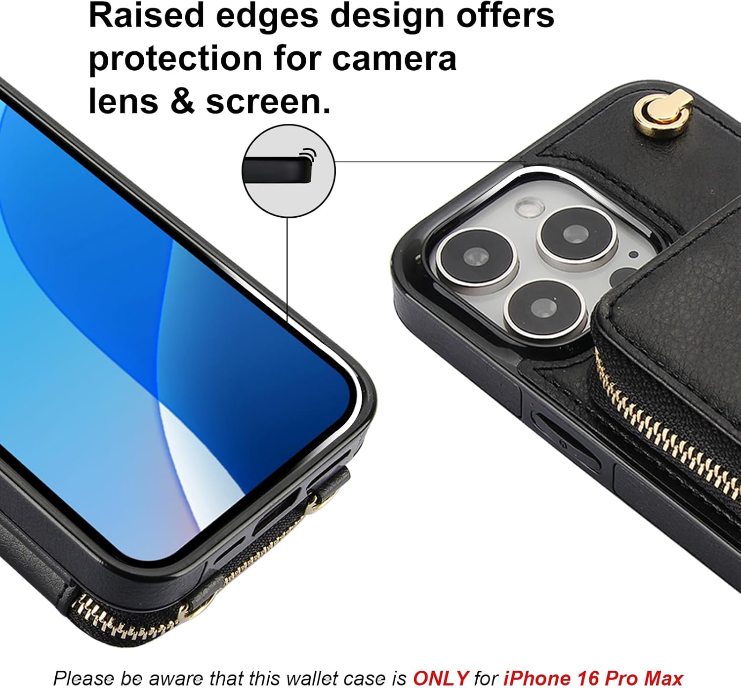 Bocasal for MagSafe Crossbody Wallet Case Compatible with iPhone 16 Pro Max, RFID Blocking Protective Purse Case with Card Slots Holder Kickstand Wrist Strap Lanyard Zipper 6.9 Inch 5G (Black) - Image 7