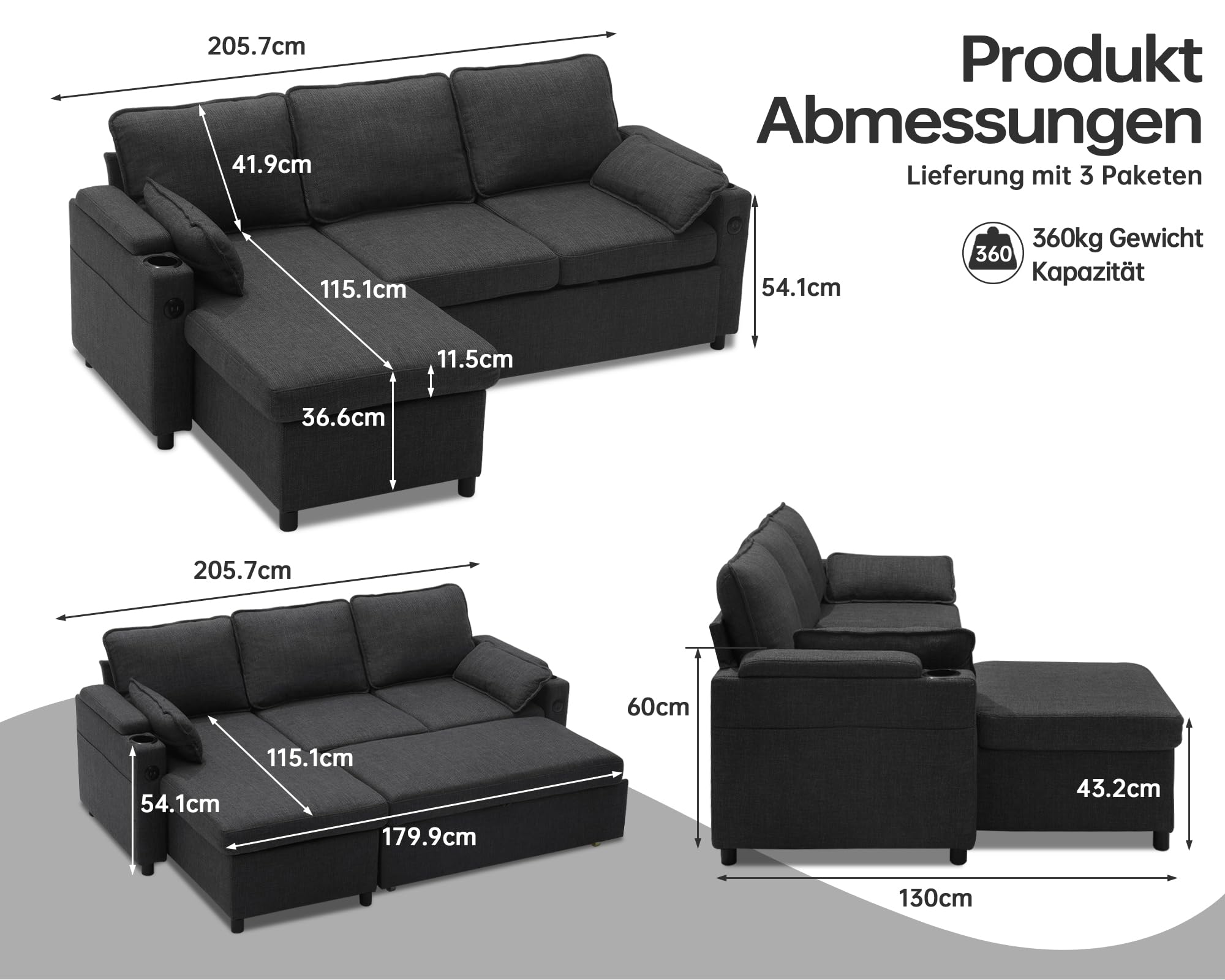 DURASPACE Schlafsofa Ausziehbar 2 in 1 Sektional Couches Schlafcouch mit Lagerung, USB, Getränkehalter, Schlaffunktion und Bettkasten Ecksofa Stauraum für Wohnung Wohnzimmer (Dunkelgrau)