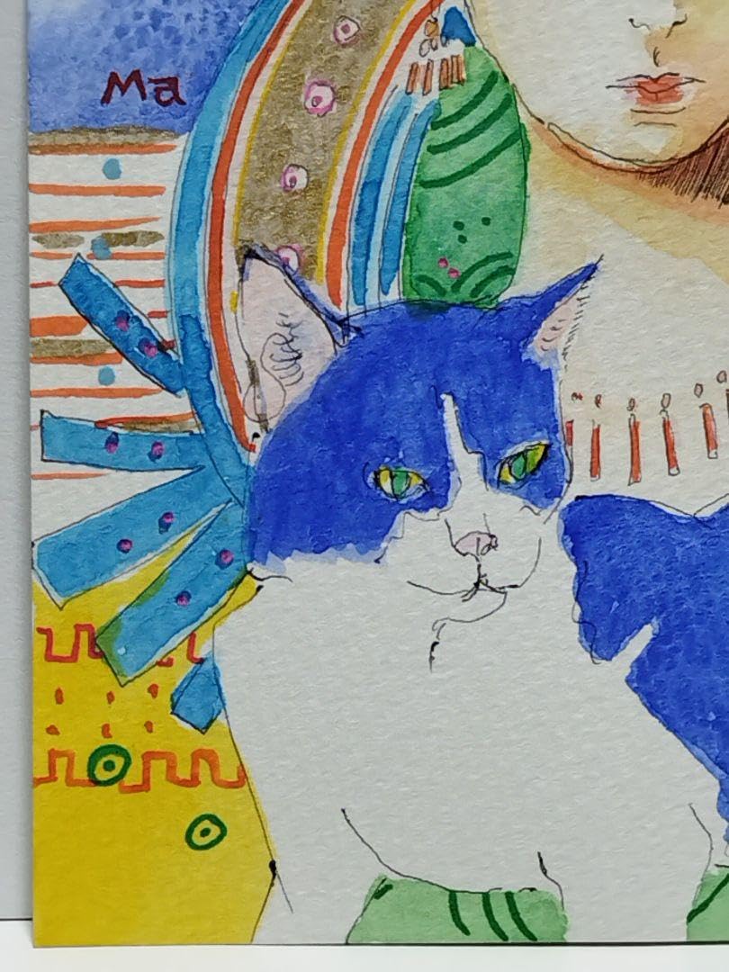 Amazon.co.jp: 絵画 原画 水彩画 ポストカード 顔彩 人物画 猫