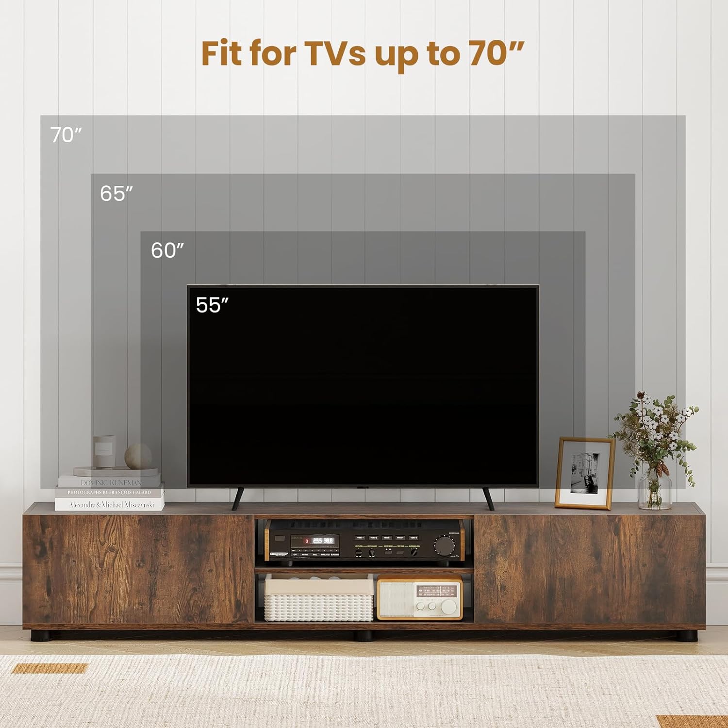 Tangkula Modern TV Stand for up to 70” TVs, 63”L Minimalist Entertainment Center w/ 2 Doors & Open Shelves, Media Console Table Storage Cabinet with 6 Support Feet for Living Room (Rustic Brown, 63”L)