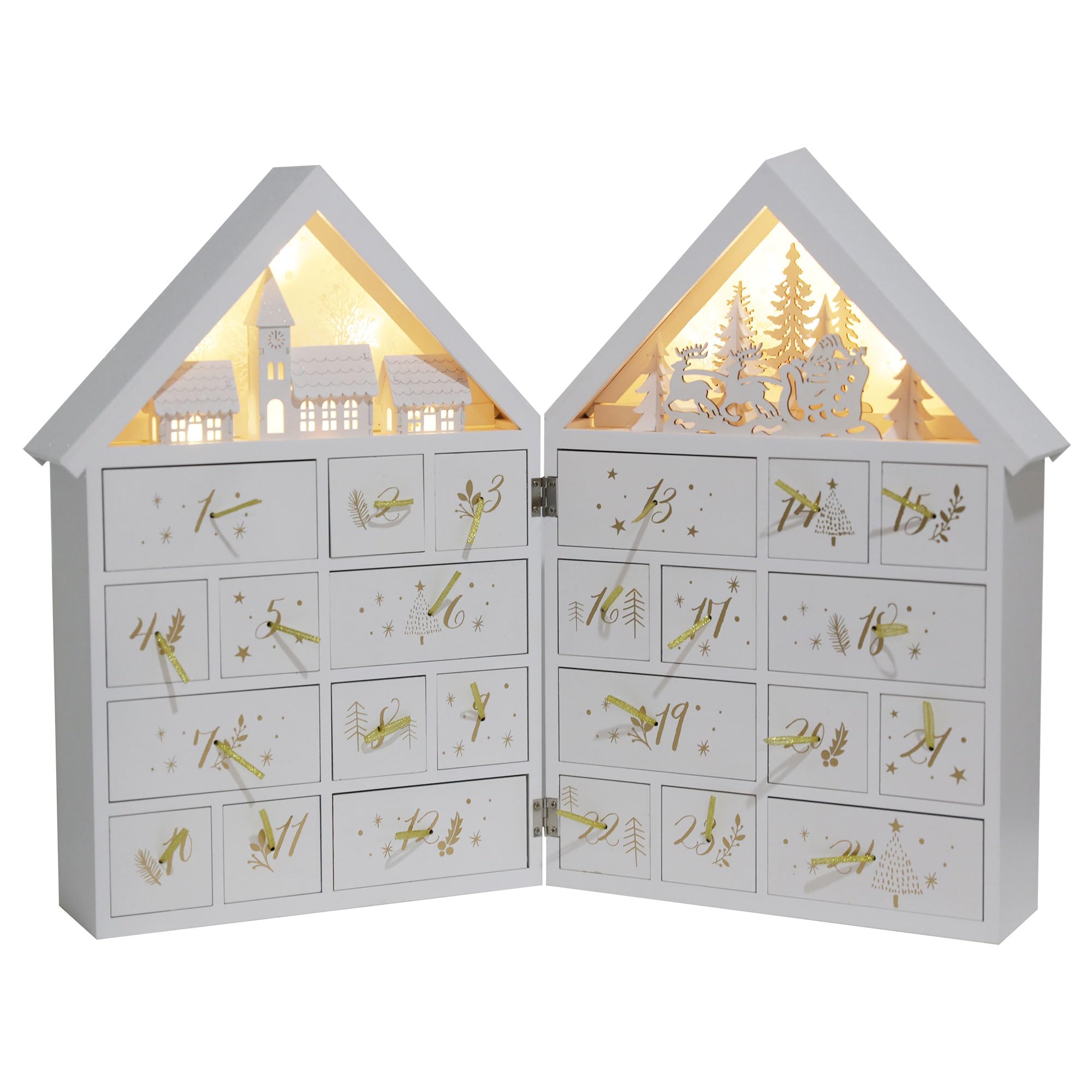 Extra-large Christmas Wooden Advent Calendar House with Drawers and Led Lights Countdown to Christmas Decoration (White) Size XXL Pioneer-Effort