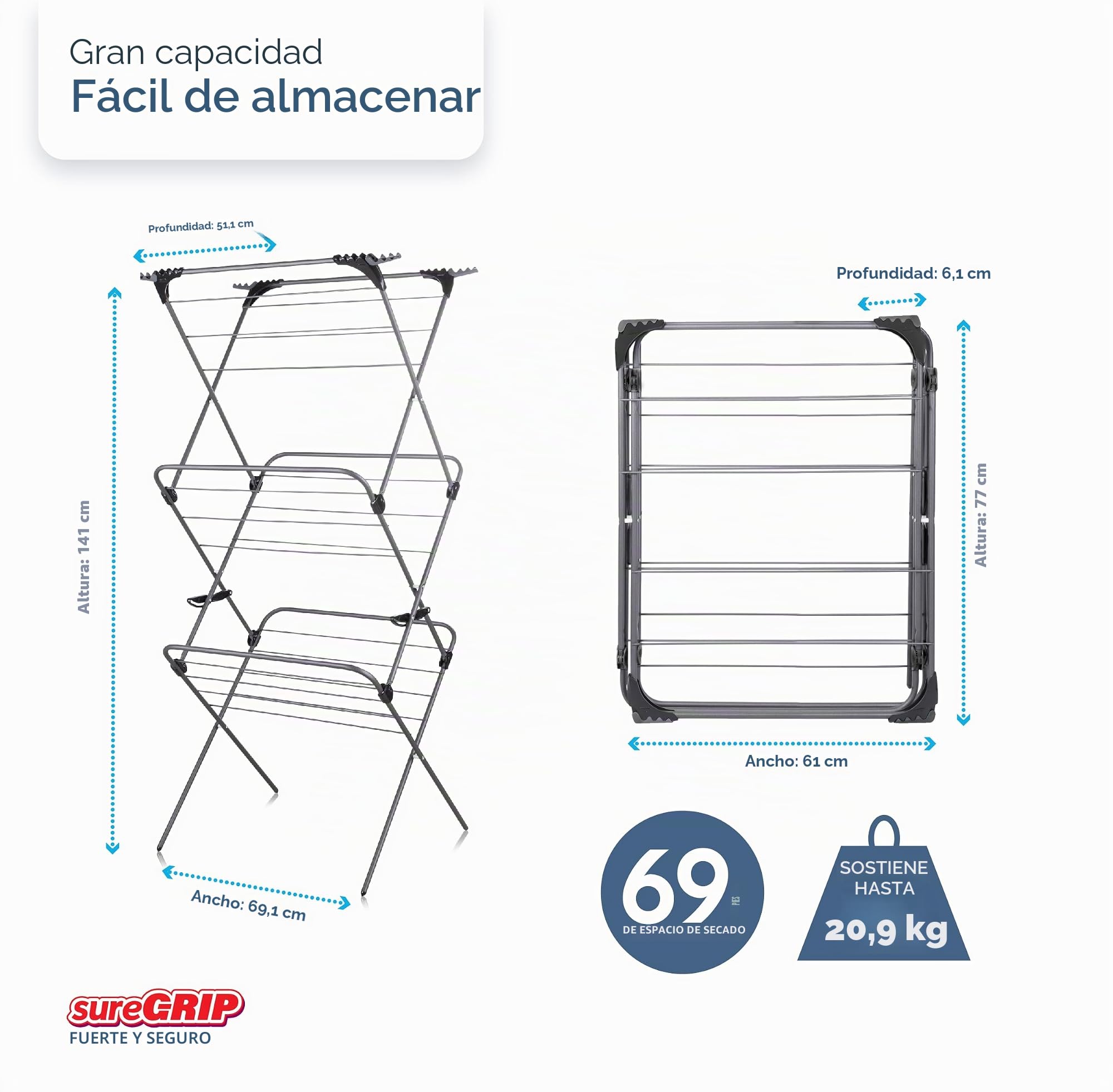 Minky Tendedero Sure Grip de 3 Niveles, Acero Inoxidable, plomizo, tamaño estándar