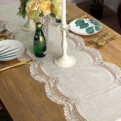Miniatura 3 de ARTABLE Camino de mesa de encaje rectangular de tela de lino de algodón gris con exquisito bordado de macramé para cocina, hogar, boda, fiesta,