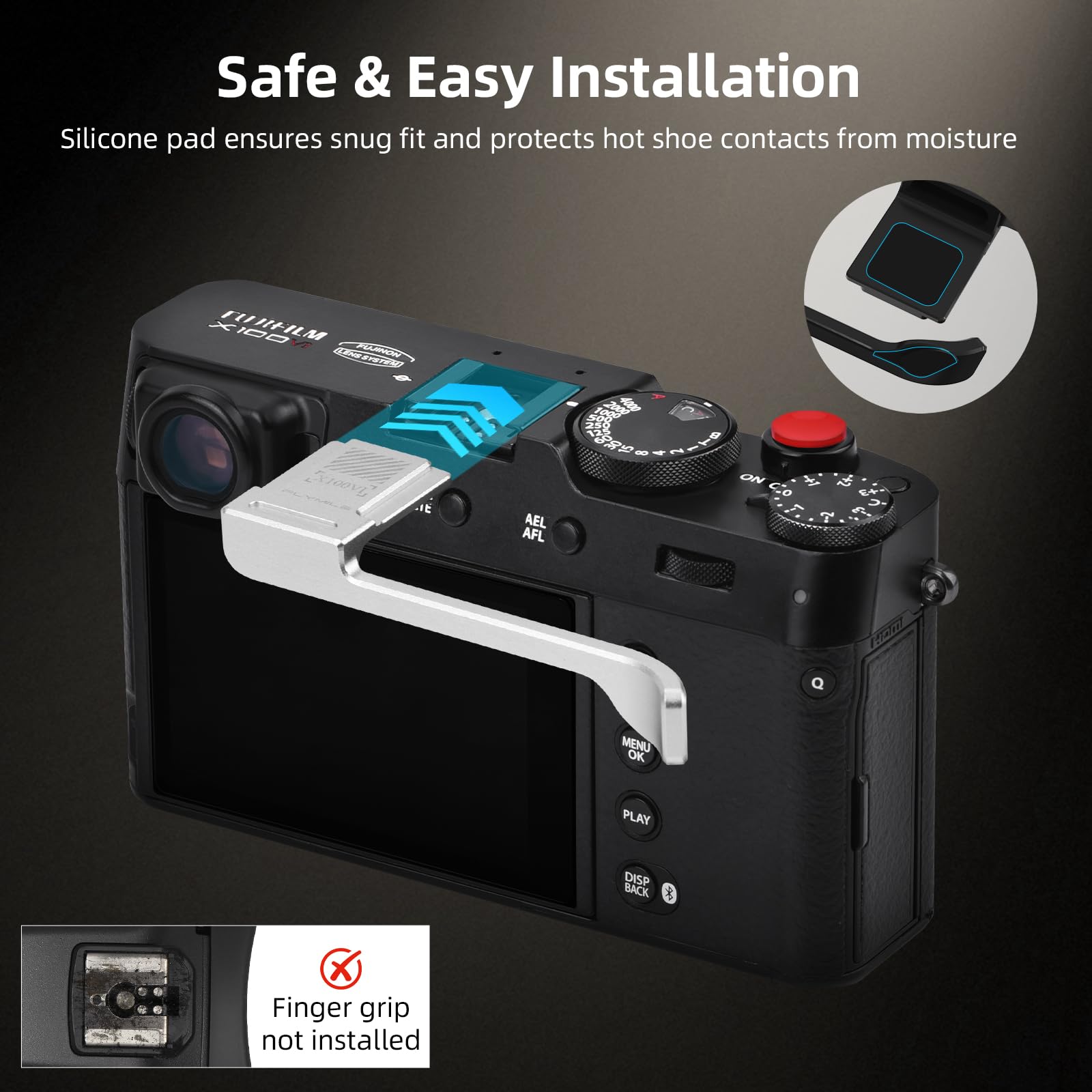 BRDRC Accessori Grip per FUJIFILM X100VI / X100V, maniglia a forma di L con piastra Arca-Swiss a sgancio rapido e copertura per pollice in metallo Hot Shoe e 2 pulsanti di scatto Fuji X100VI / X100V