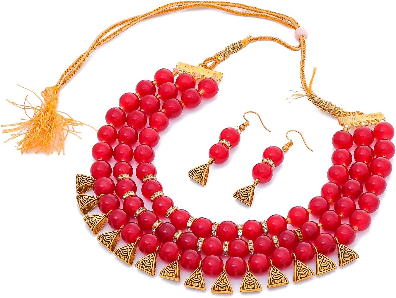 PYR FASHION Red Color Traditional Beads Contemporary Copper Brilliant Necklace Set for Women/Girls 602