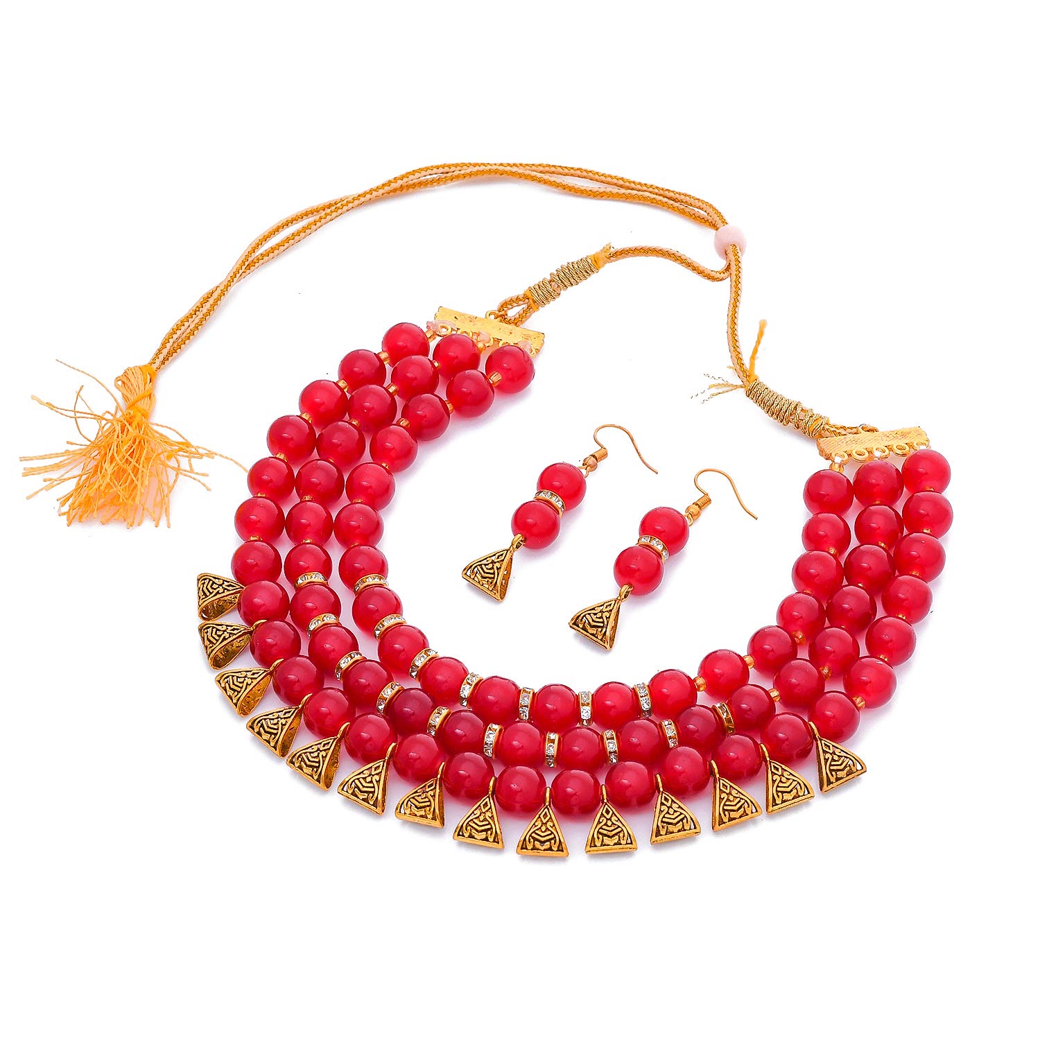 PYR FASHION Red Color Traditional Beads Contemporary Copper Brilliant Necklace Set for Women/Girls 602