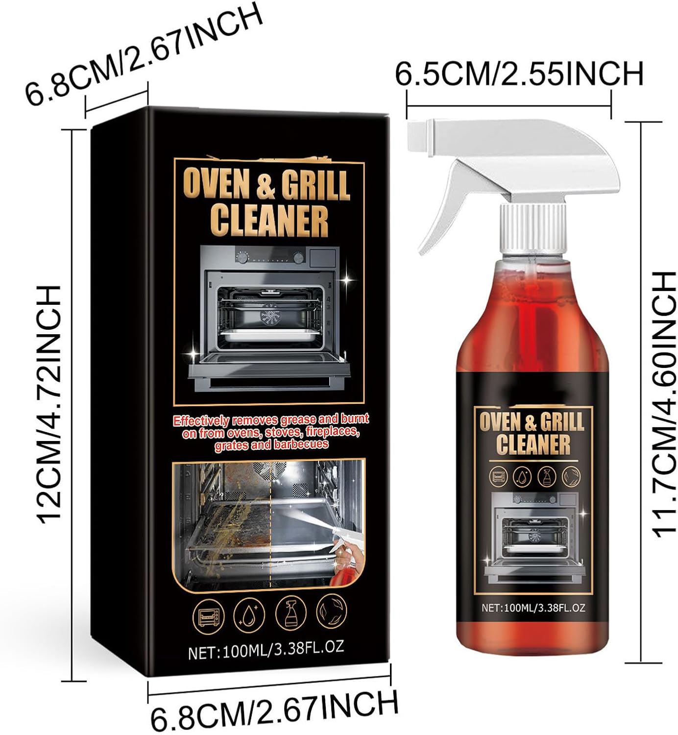 Oven and Grill Cleaner Spray, 3.38 Fl. Oz, Heavy Duty Degreaser for Oven Rack & BBQ Grill, Fast-Acting, Professional Oven Cleaner & Degreaser (3Pcs)