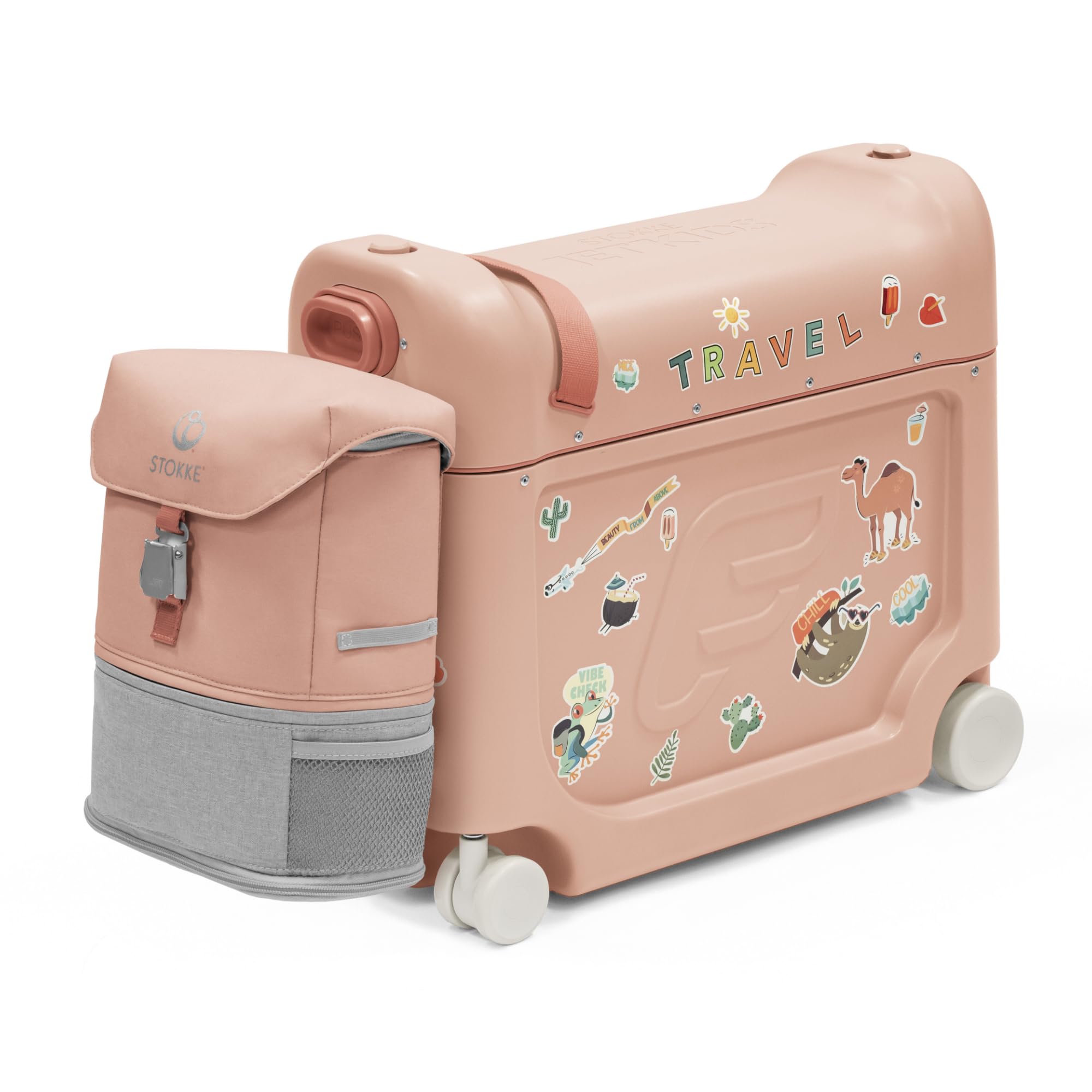 Stokke JetKids Travel Bundle, Coral Pink - Enthält den BedBox Aufsitzkoffer & das Backpack - Ideal für Kinder von 2-7 Jahren (bis 35 kg)
