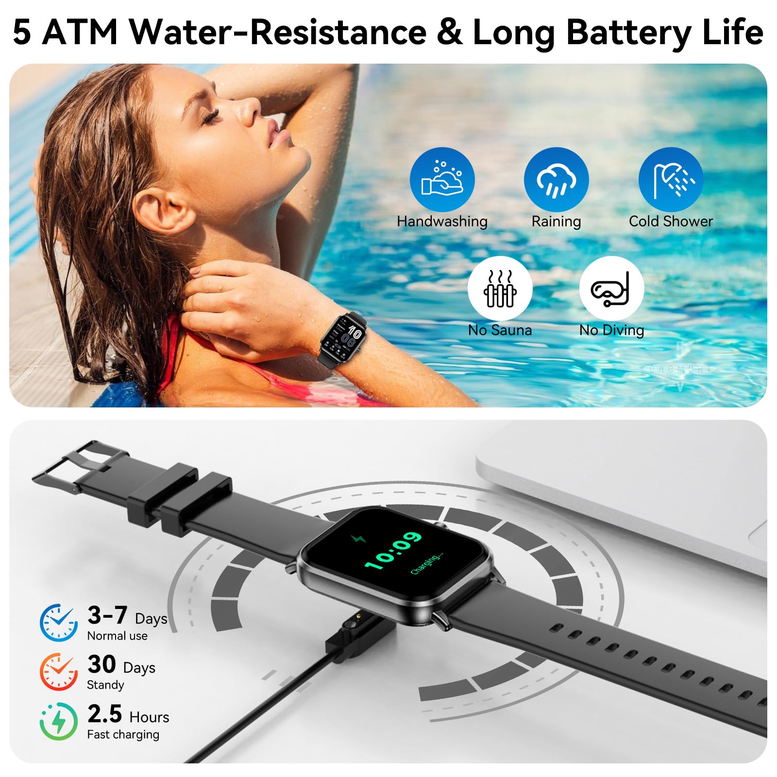 Smart Watch for Men Women, 1.83" HD Touchsreen, Bluetooth Calling, 5 ATM Water-Resistance, 130+ Sports Modes, Health, Fitness & Sleep Tracker, Timer, Fitness Watch for Android/iOS (Black)