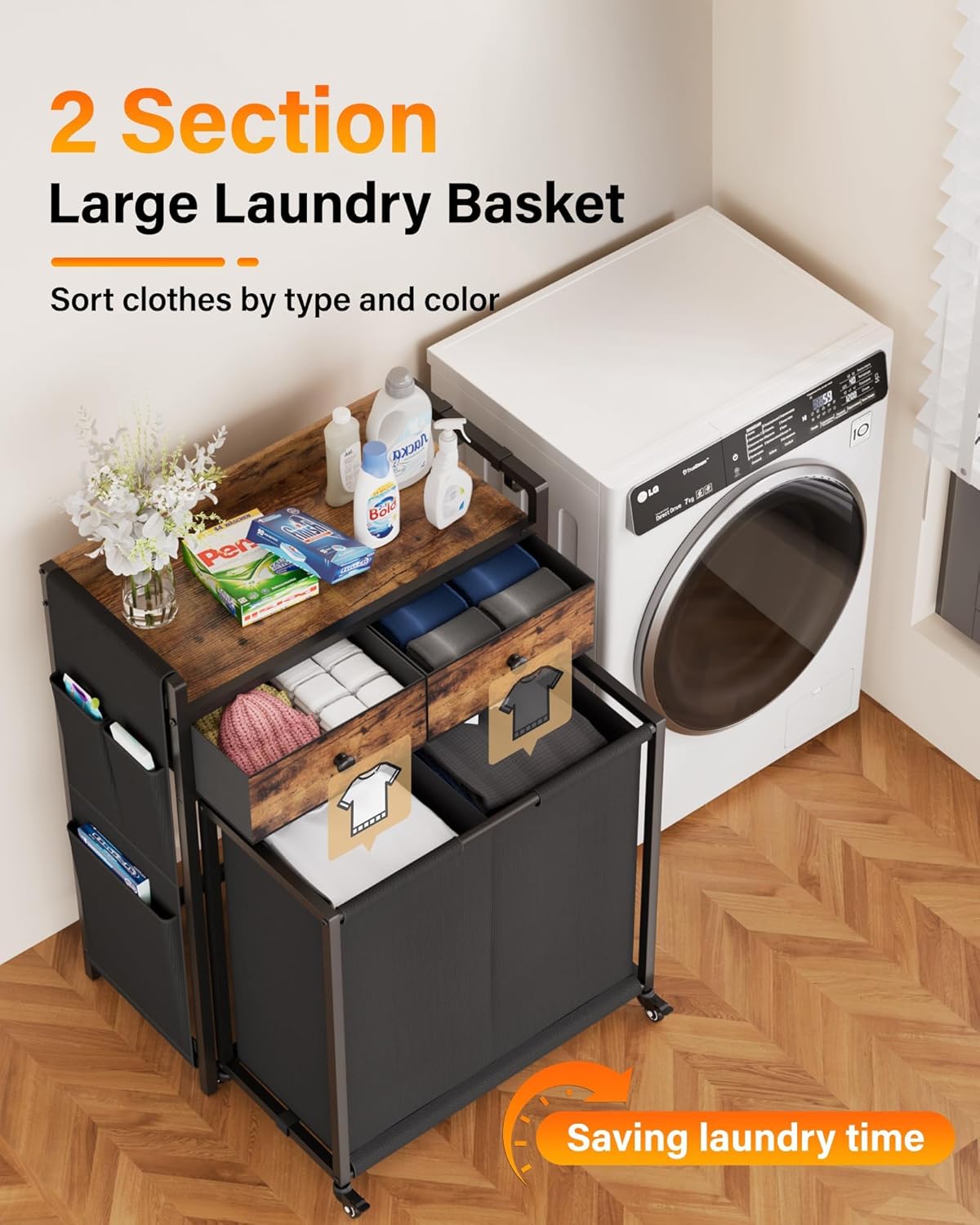 Laundry Hamper Basket: 2 Section Laundry Sorter with Wheels and Shelf - Rolling Laundry Basket Organizer with Shelf Drawers and Pull-Out Cart - Clothes Hamper for Laundry Room Bathroom Bedroom