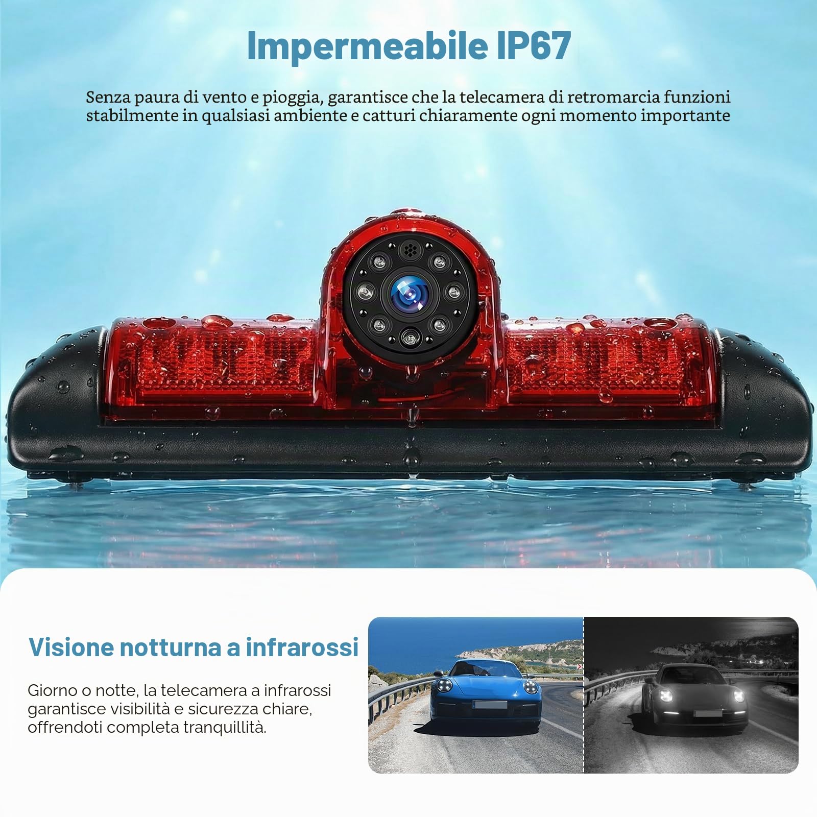 Telecamera posteriore per auto con visione notturna e luce di stop