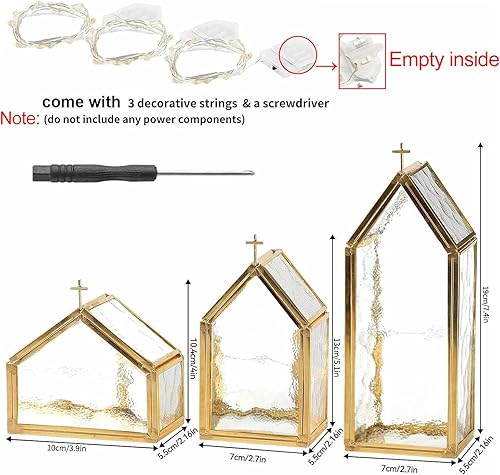 Miniatura 3 de Juego de 3 portavelas de cristal dorado con marco de metal de cobre y diseño de cruz, portavelas decorativos de Navidad para centro de mesa,