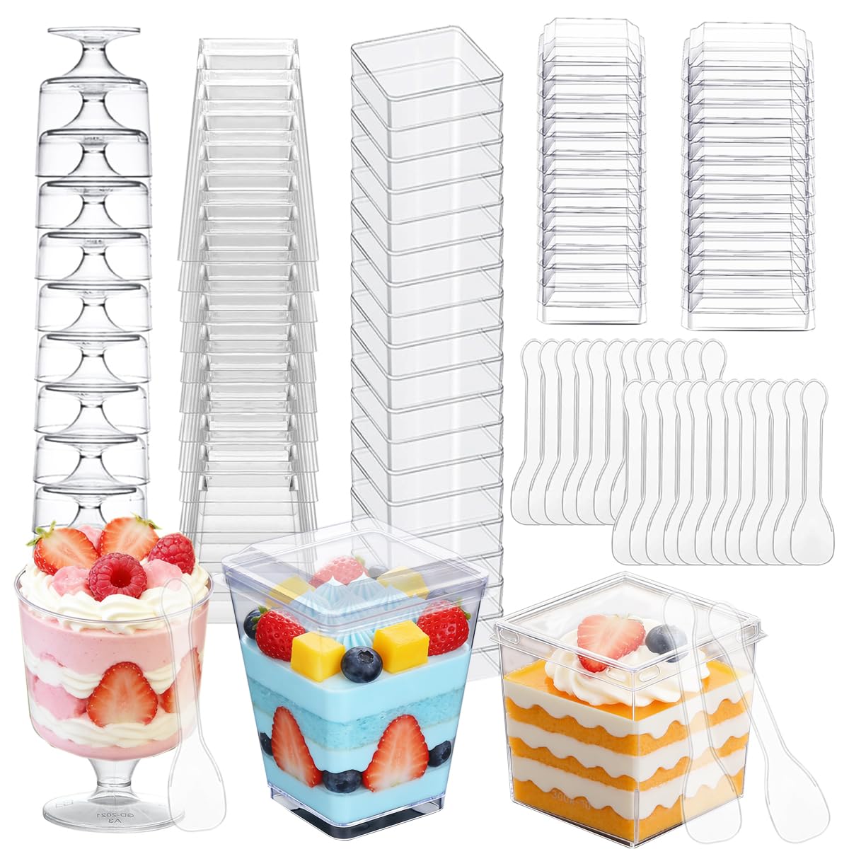 340 Pack Plastic Mini Dessert Cups with Lids and Spoons,5oz Clear Yogurt Parfait Cups,Appetizer Cups for Party,Reusable Square and Round Goblet -Shooter Cups for Ice Cream Fruit Cake Pudding Cups