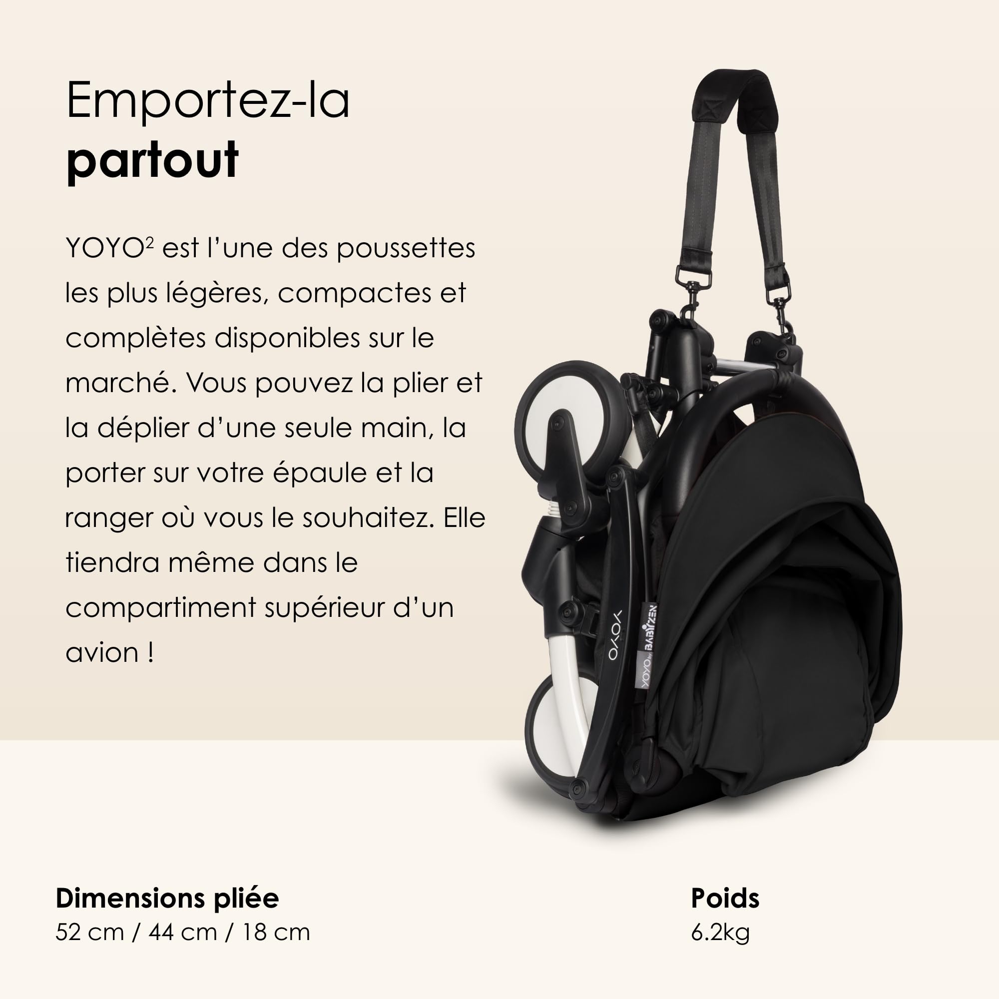 Cadre YOYO2, Noir - Pack textile non inclus - Est livré avec un harnais à 5 points, un dossier inclinable, des arceaux de capote, une bandoulière rembourrée et une housse de protection