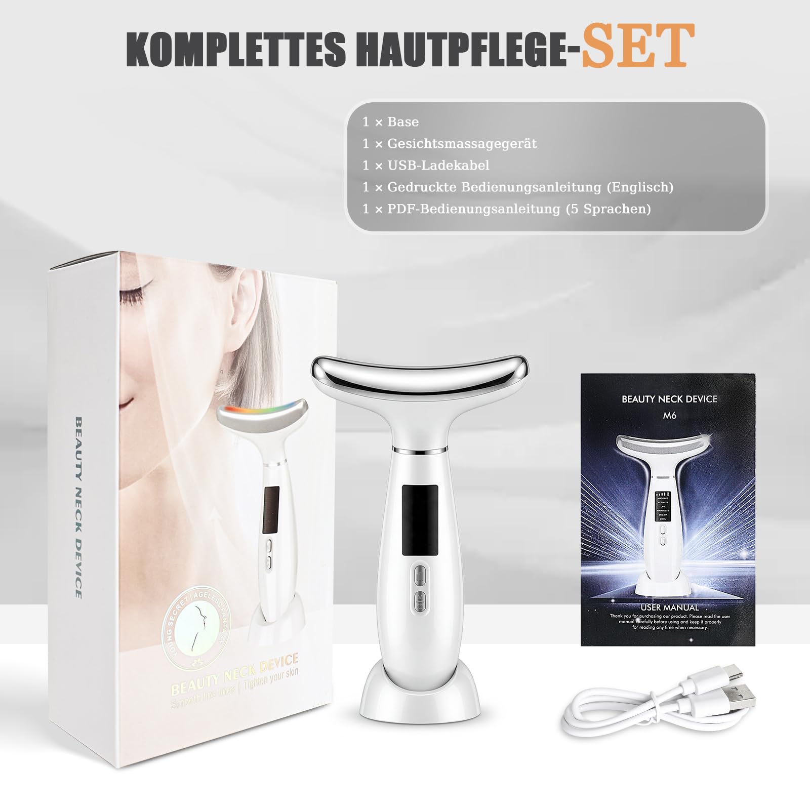 Gesichtsmassagegerät, EMS Gerät Gesicht gegen Falten, Face Massager mit 5°C Kühlung & 45°C Wärme, 6 Modi, 7 Farben LED Lichttherapie, Face Lifting Gerät für Gesicht & Hals Straffen - Weiß