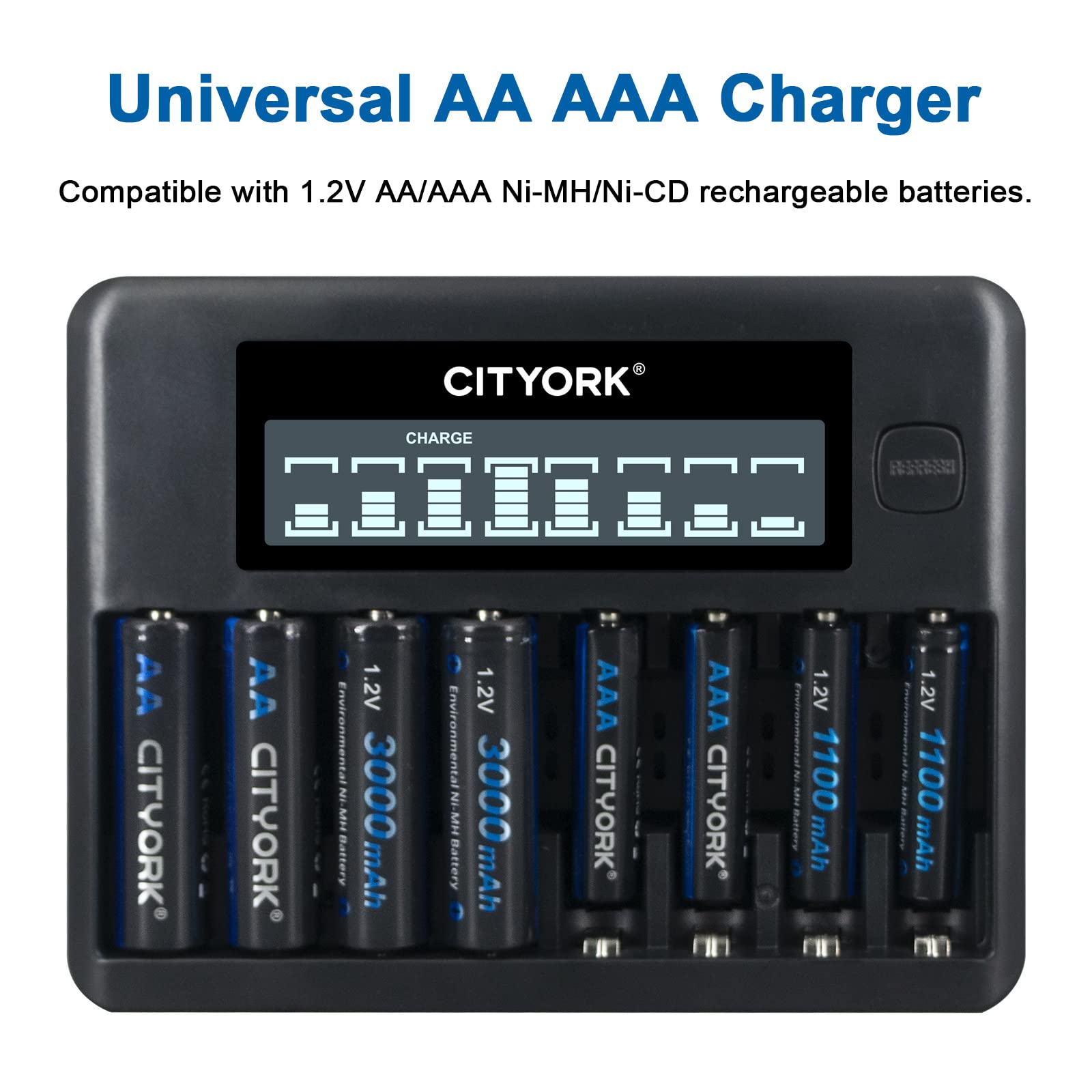 CITYORK Chargeur de batterie avec 16 piles AA 3000 mAh pour piles rechargeables AA, AAA NI-MH - 8 emplacements d'affichage LCD