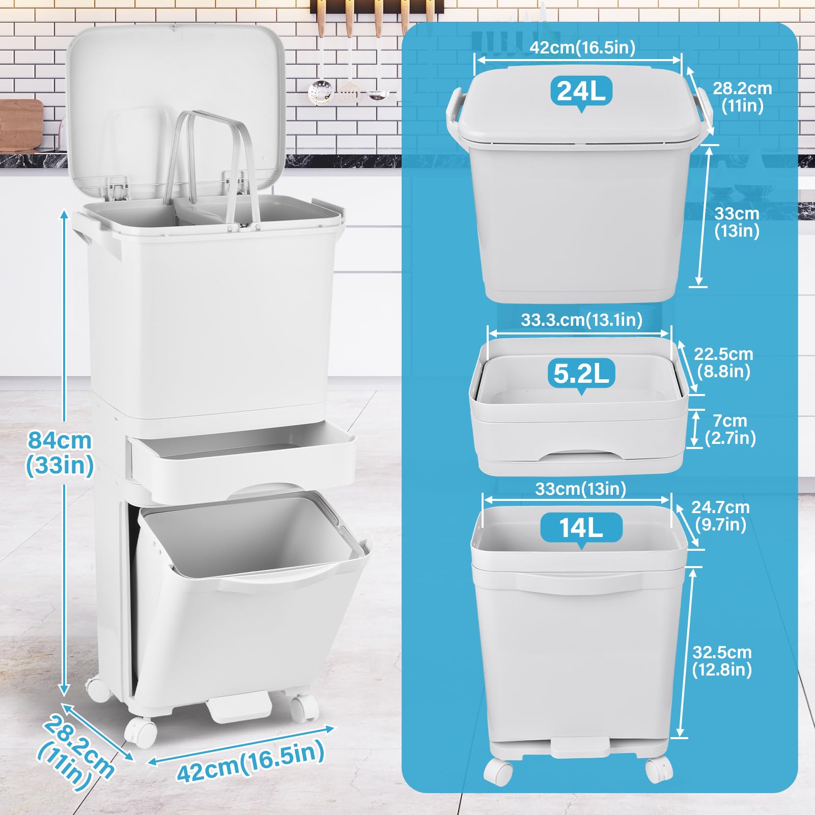 Cubo De Basura Cocina Multinivel 42L, cubo De Basura De Reciclaje Con Ruedas Bloqueables, Diseño Vertical Ahorrador Espacio, Separación Residuos Seco Húmedo, 3 En 1 Contenedor De Basuras De Cocina