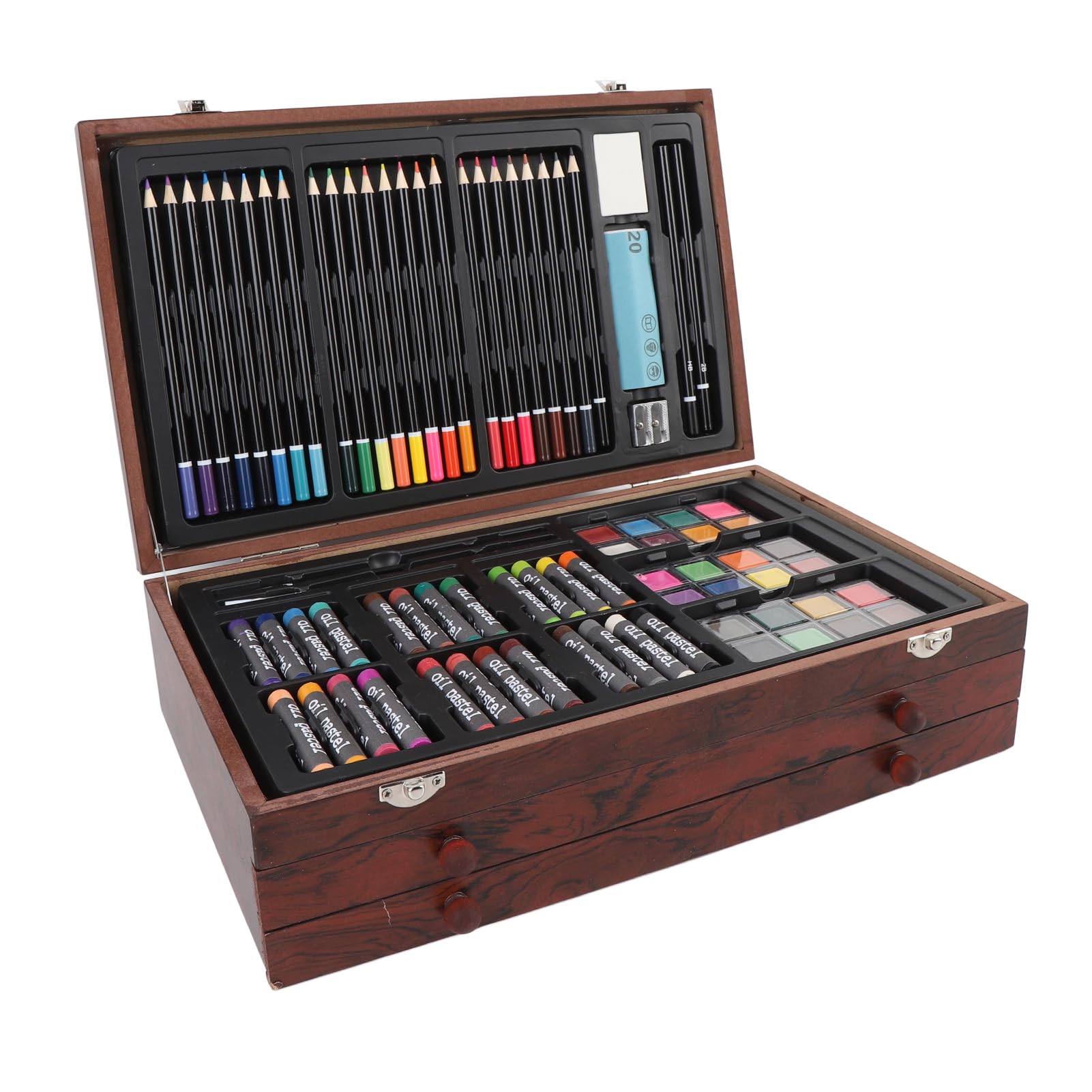 Pongnas 147-częściowy Zestaw Artystyczny Deluxe Drewniane Pudełko Malarstwo Zestaw do Rysowania z 24 Farbami 60 Kredek 24 Pastelami Olejnymi 2 Szkicowniki dla Artystów Początkujący