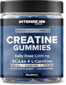 Creatine Monohydrate Gummies 5000mg - Sugar Free Vegan Pre Workout Chews - BCAAs 500mg, L-Carnitine 500mg - Gym Supplement for Men and Women, Blueberry, 120 Count