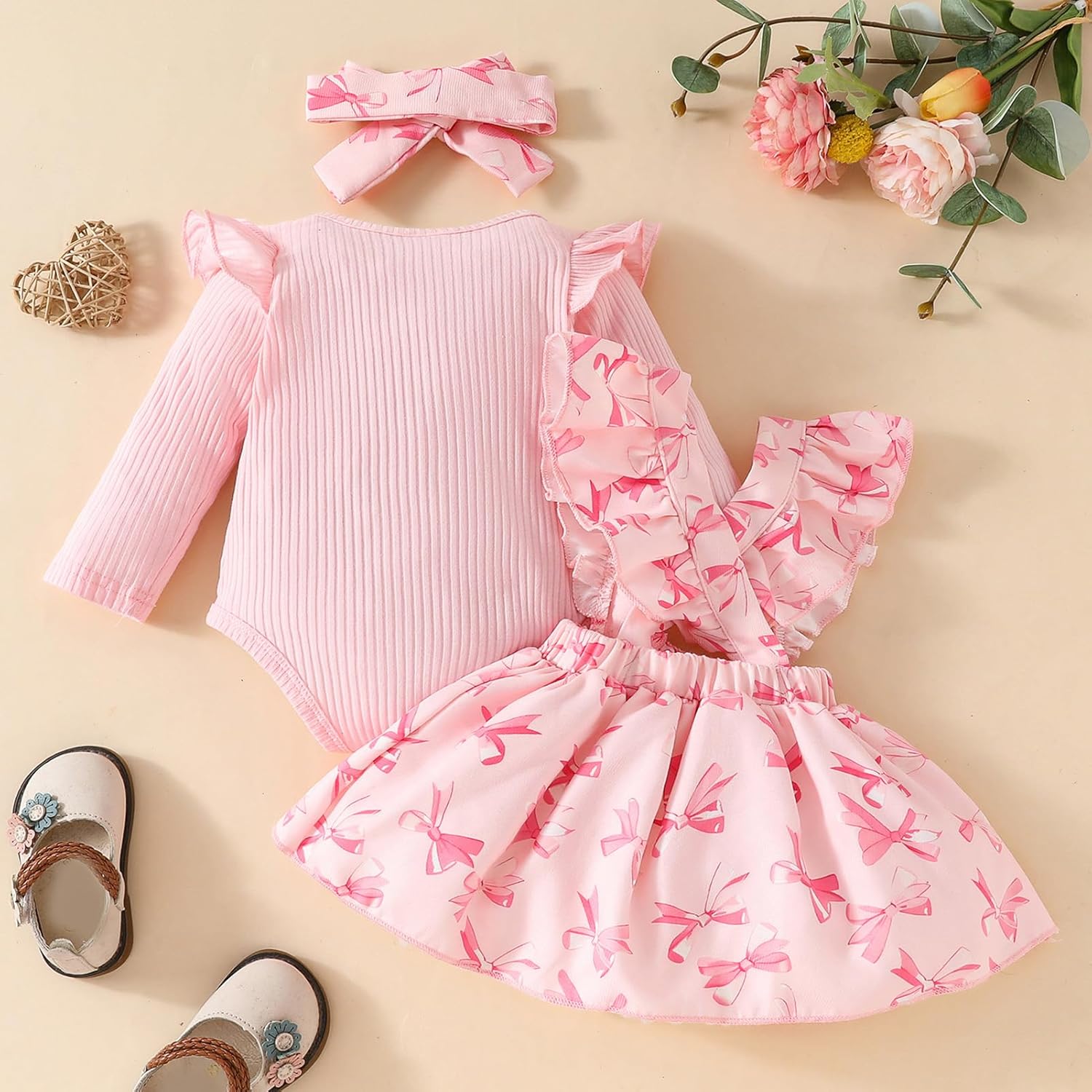 FYMNSI Baby Girls Fall Outfit Bow Print Ruffle Romper Suspender Tutu Skirt Headband 3PCS Infant Toddler Christmas Dresses - Image 4