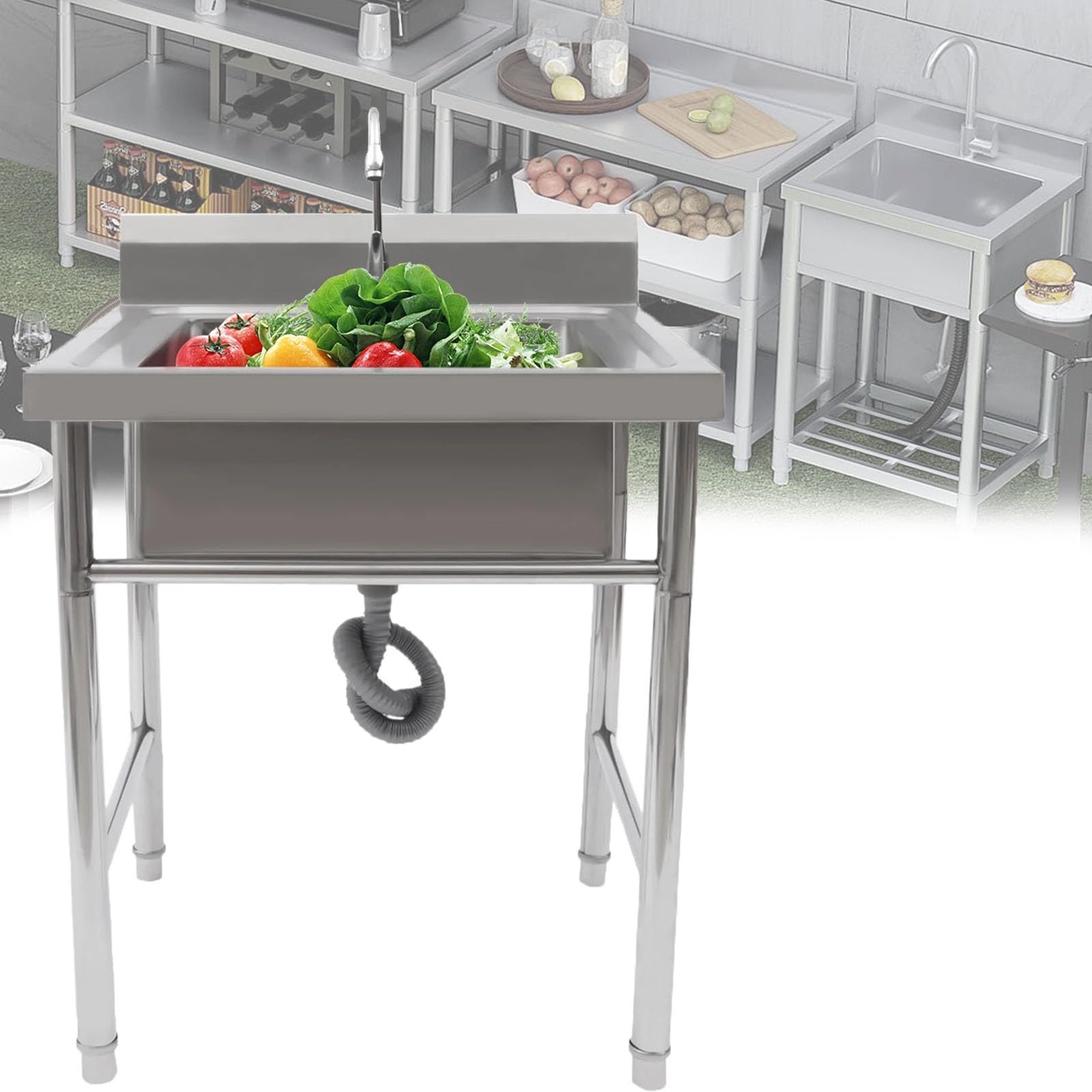 TAXXII Indoor Outdoor Utility Sink, Stainless Steel Single Bowl Sink Set Freestanding Laundry Garden Commercial Hand Washing Station Sink(A,60cm)