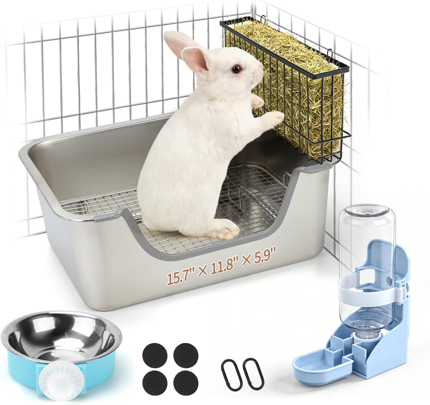 BWOGUE Stainless Steel Rabbit Litter Box with Hay Feeder & Water Dispenser, Metal Bunny Litter Box with Sifting Tray, High-Sided Rabbit Potty Pan for Small Animals, Quick Cleaning, Odor Control