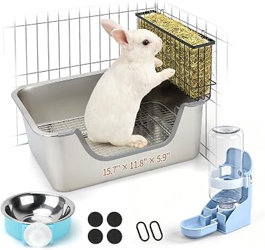 BWOGUE Stainless Steel Rabbit Litter Box, Bunny Litter Box with Hay Feeder