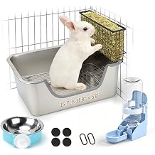 HYLYUN Rabbit Litter Box with Grid, Stainless Steel Tray with Hay Feeder