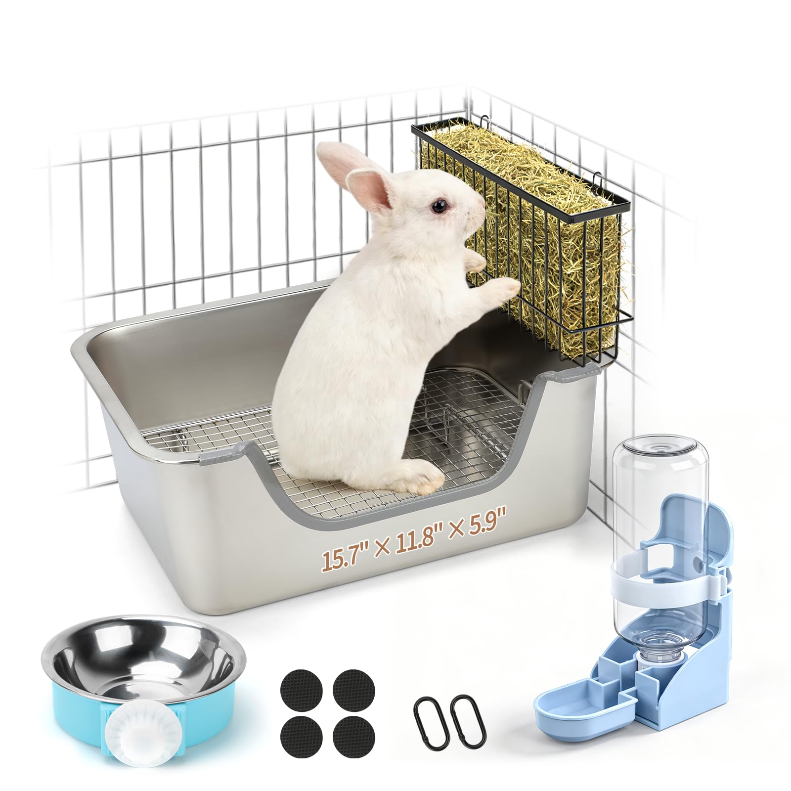 HYLYUN Stainless Steel Rabbit Litter Box with Hay Feeder, Durable Metal Rabbit Litter Tray Grid Bunny Potty, Odor Control Training Toilet or Adult Bunnies, Guinea Pigs, Ferrets and Other Small Animal