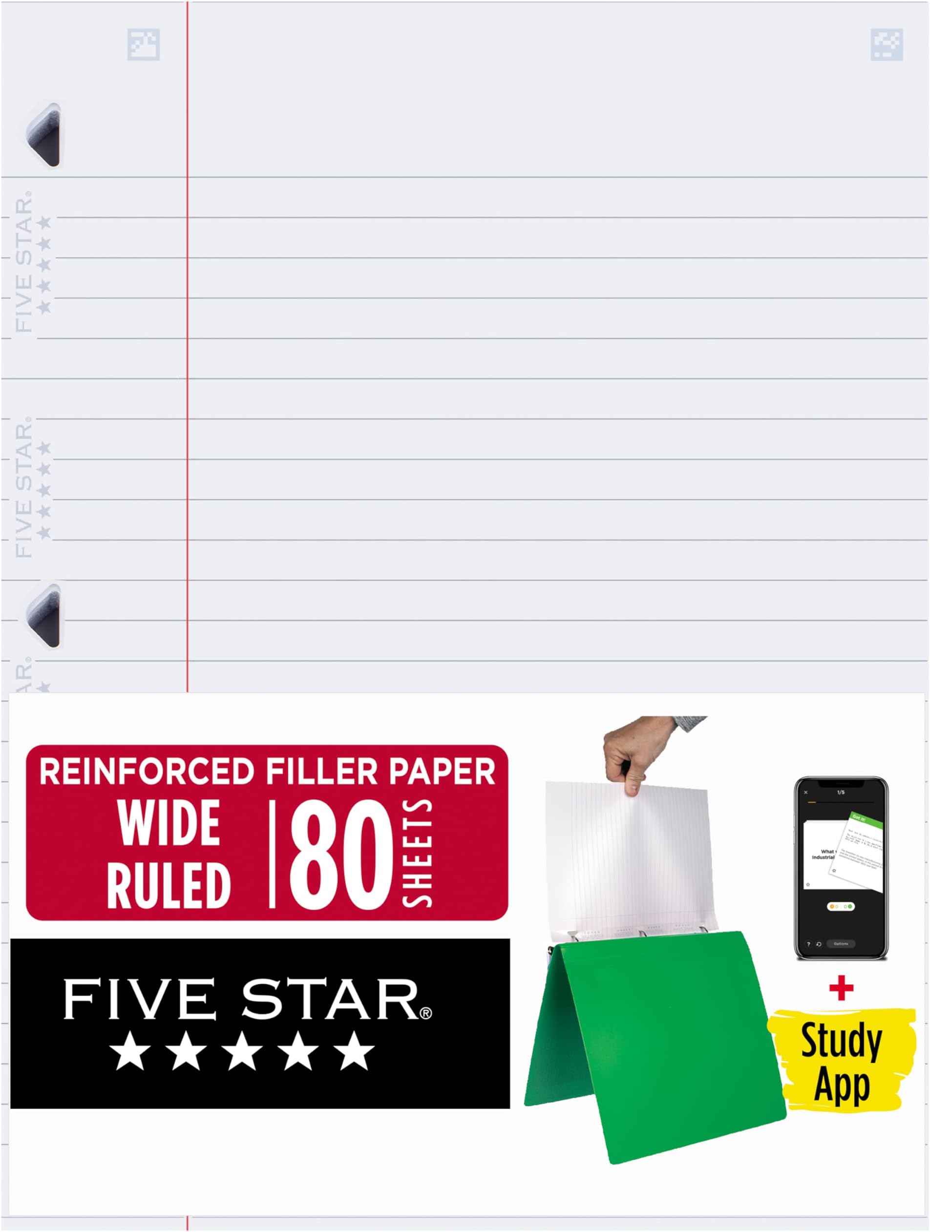 Five Star Loose Leaf Notebook Paper, 3 Hole Punched, Reinforced Filler Paper, Wide Ruled, 8'' x 10-1/2'', 80 Sheets/Pack, 1 Pack (150002-23)