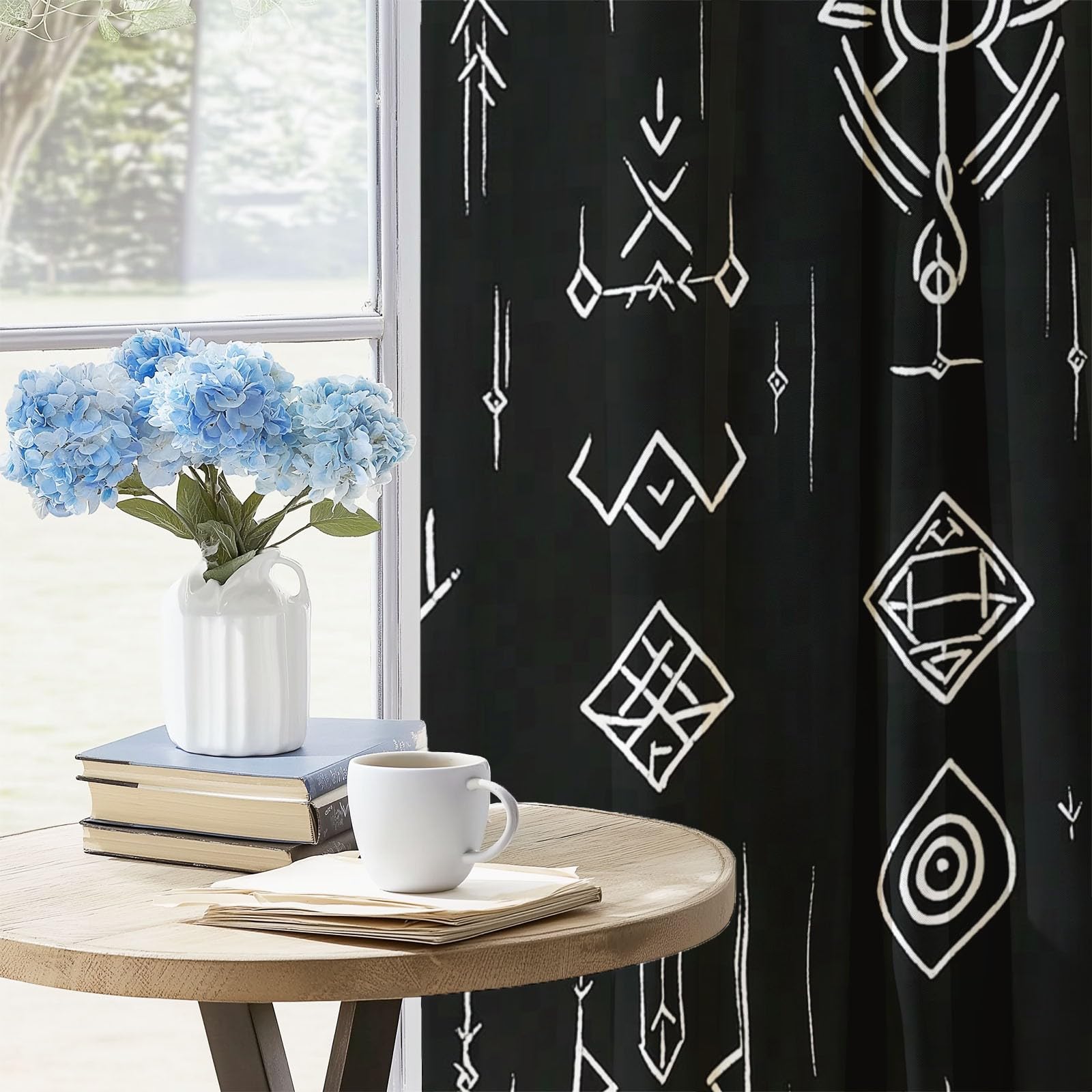 Cortina con Ojales Negro Estampado para Sala de Estar habitación de niñas y niños Tradicional Runas Vikingas Cortinas Estampadas 140An x 145Al cm (2 Paneles) Cortinas Opacas