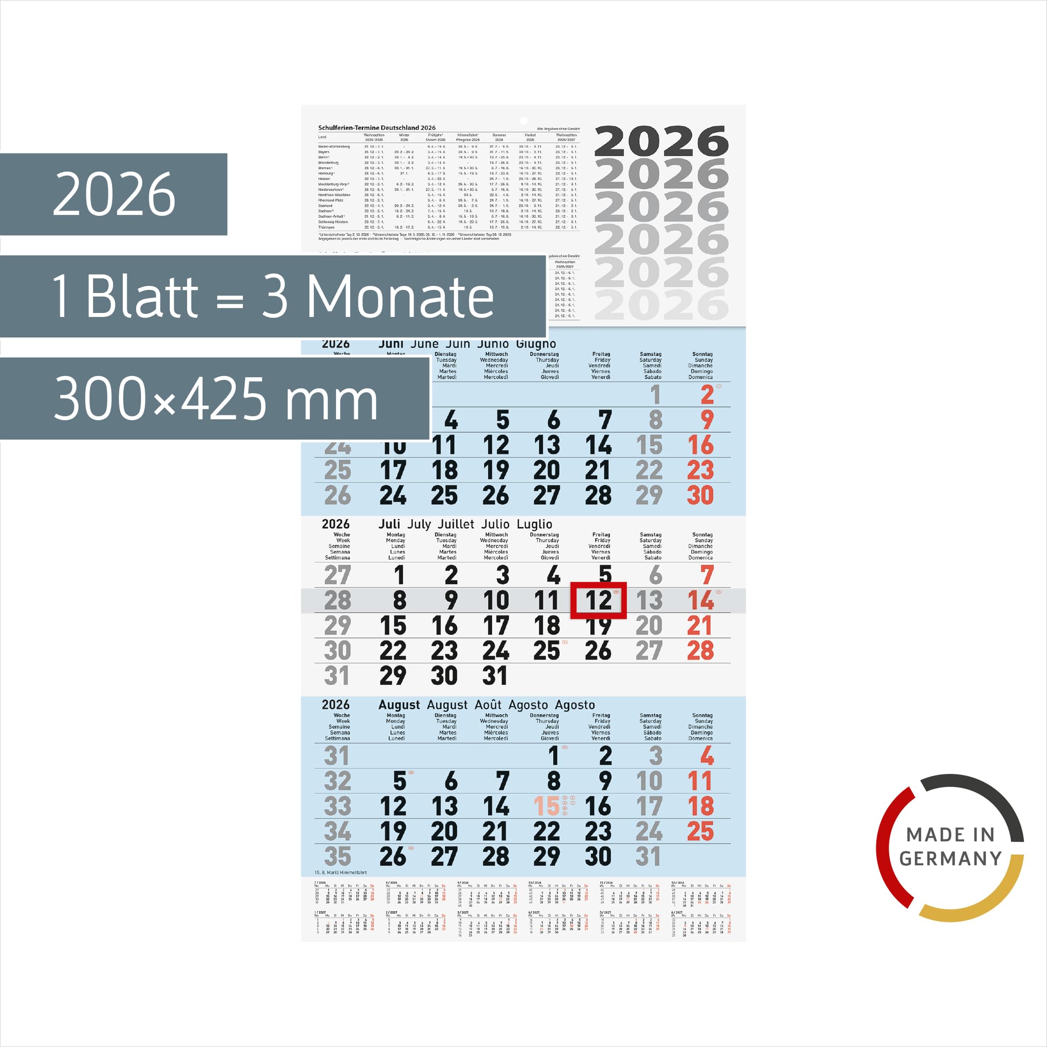 Image secondaire de Calendrier 3 mois 2026 BRUNNEN - Bleu, 300 x 560 mm avec curseur de date