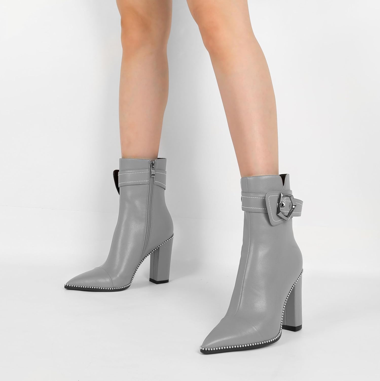 Zamikoo Womens Boots Ankle Chunky Heel Pointed Toe Beaded High Heeled Fall Short Booties