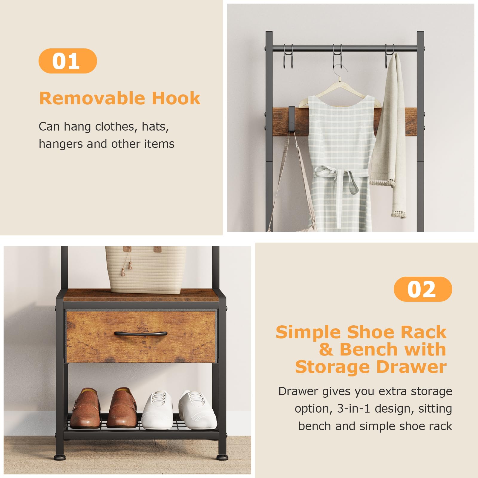 Leader Accesorios Perchero de Suelo Con Zapatero 3 en 1, Estable Con Ganchos Extraíbles para Ahorrar Espacio en el Pasillo y el Dormitorio - Marrón Rústico