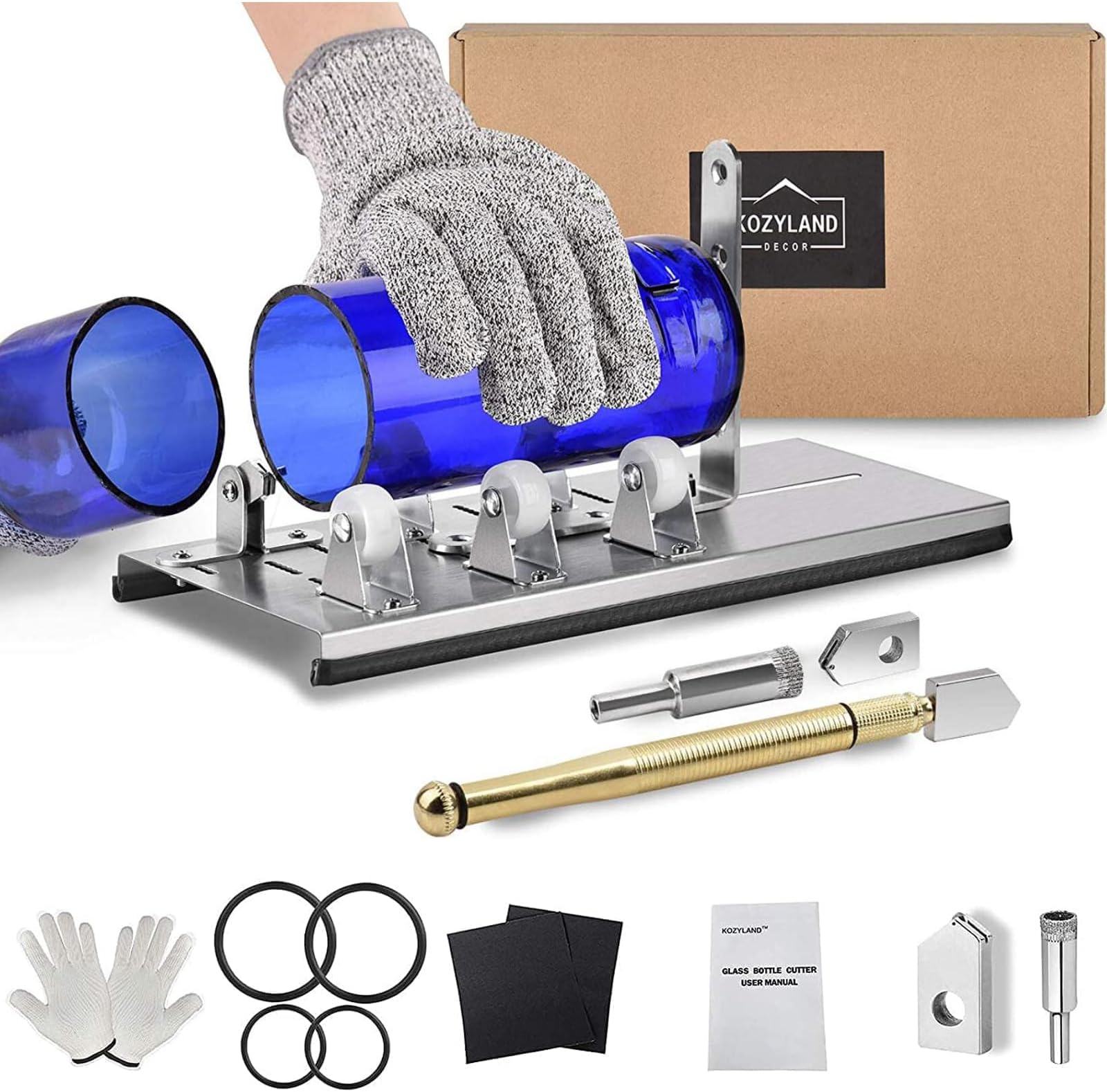 KOZYLAND Glass Bottle Cutter, Bottle Cutter & Glass Cutter Kit, Glass Cutting Tool DIY Kit for Cutting Wine, Beer Bottle or Jars to Craft Glasses for Round Bottle with Safety Gloves & All Accessories