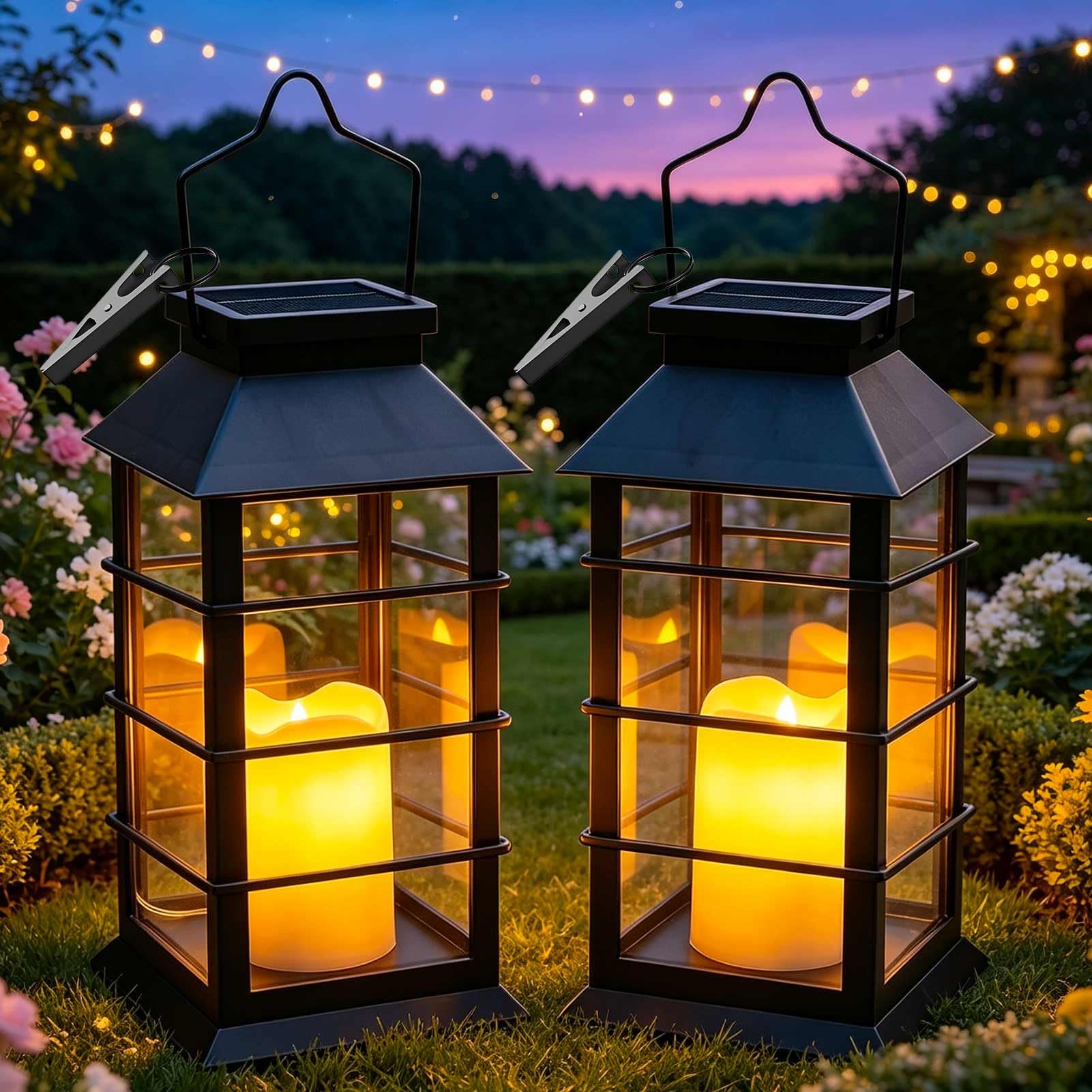 Cozymeow Farolillos Solares Exterior 2 Piezas Lampara Solar Exterior Jardin | Vela Parpadeante, Impermeable Decoración Terraza, Farol Solar para Jardin Mesa Terraza Valla Tumba y Regalos, Negro