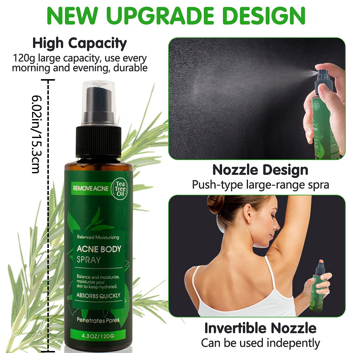 Aerosol para el acné, tratamiento para el acné, cuerpo, espalda, cara, pecho, cuidado de la piel, contiene aceite orgánico natural de árbol de té para que la piel pase los puntos curativos del acné, equilibrio e hidratante, 4.3 onzas 5