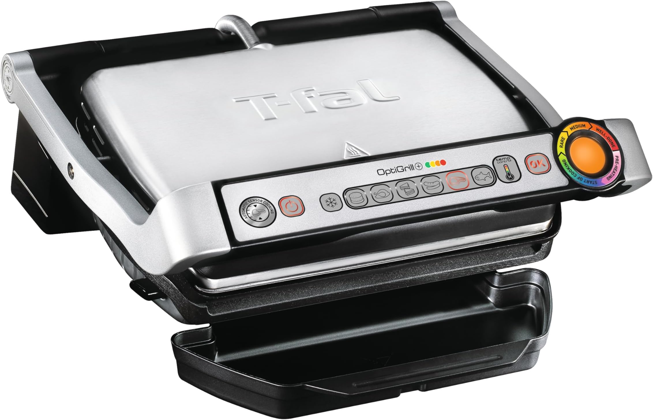 T-Fal OptiGrill Stainless Steel Electric Grill, 4 Servings, 6 Automatic Cooking Modes, Intelligent Grilling, Rare to Well-Done, Panini Press, Nonstick Removable Plates, Indoor, Silver