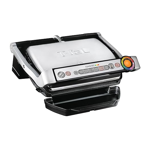 T-fal OptiGrill Stainless Steel Electric Grill 4 Servings 6 Automatic Cooking Modes, Intelligent grilling rare to well-done 1800 Watts Nonstick Removable Plates, Dishwasher Safe, Indoor, Silver