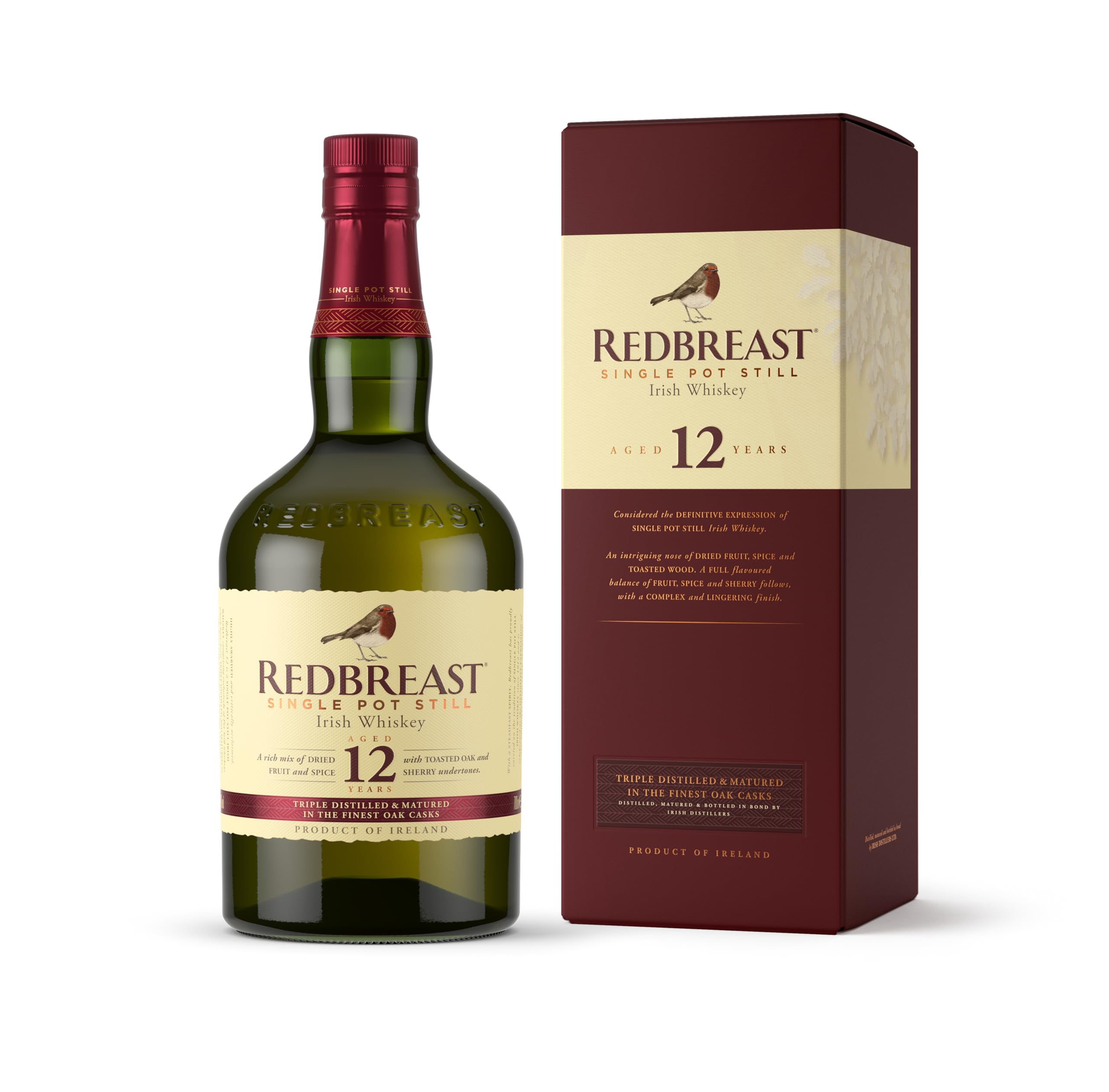 Redbreast 12 Year Old Single Pot Still Irish Whiskey with , , 40% ABV – Bourbon & Sherry Cask Maturation, Rich Fruit & Spice, Smooth Finish, Gold Winning Irish Whiskey (70cl)