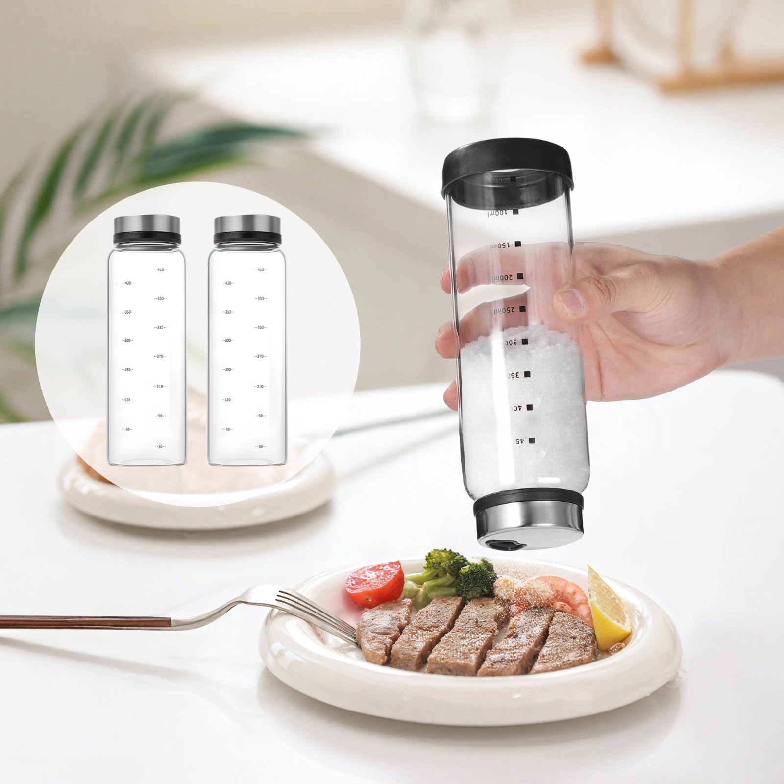 2 Stk. Glas Gewürzstreuer mit verstellbaren Streulöchern, 500 ml Streudose aus hochborosilikatglas für die Küche, Salz- und Pfefferstreuer mit Edelstahldeckel, 8,1 x 2,6 Zoll