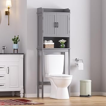 MUPATER 66.9" H Bathroom Storage Cabinet Organizer with Doors, Freestanding Bathroom Toilet Space Saver with Shelves, Anti-Tip Design and Adjustable Bottom Bar, Gray