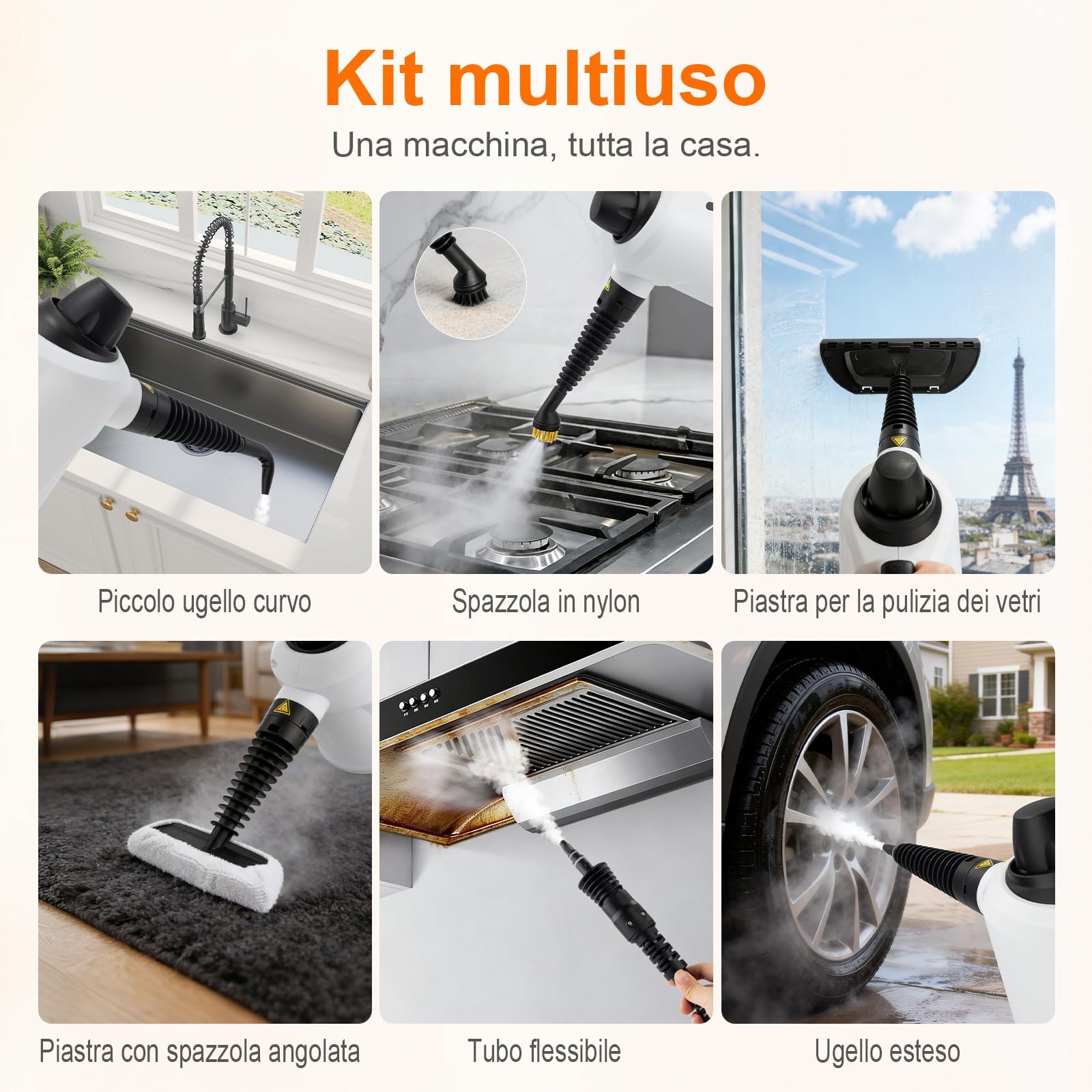 Ibergrif Pulitore a Vapore Portatile, Pistola a Vapore 1050W con 12 Accessori, 3 Bar Alta Pressione, Soluzione Naturale Senza Additivi, per Divani, Cucina, Fughe e Vetri, 350ml, Bianco