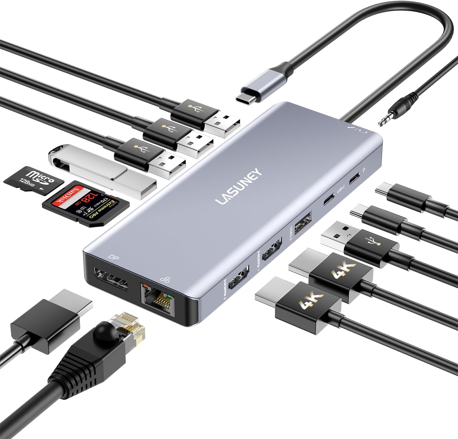 Lasuney Triple Display 13 in 1 USB C Hub with 2 HDMI & DP, PD3.0, Ethernet, SD TF Card Reader, 5 USB Port, Mic/Audio, Type C Adapter Docking Station Compatible for MacBook Air Pro and More