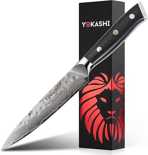 YOKASHI - Cuchillo de cocina de 5 pulgadas, cuchillo japonés de 67 capas de acero damasco, mango VG-10 de tang completo - Cuchillo de cocina para