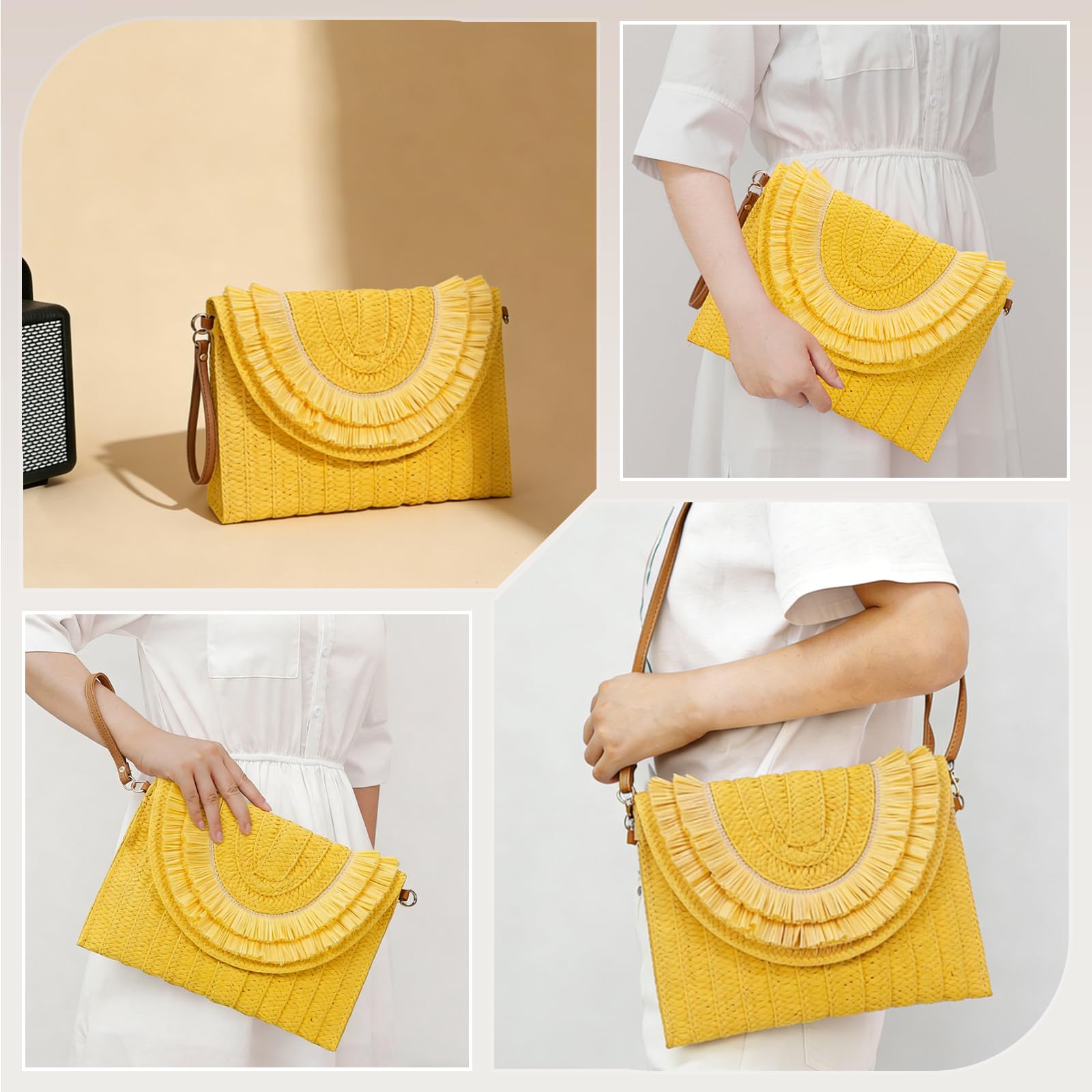 CORIOS Damen Handgefertigte Strohtasche Gewebte Tasche Sommer Strandtaschen Handgewebt Basttasche Böhmische Tote Beutel Umhängetasche mit Quaste Retro Schultertasche Frauen Handtasche Gelb