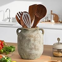 Vista 4 de Florero de cerámica para decoración del hogar - 7.6 pulgadas, jarrones rústicos de granja de mesa con asa, decoración de sala de estar, cerámica