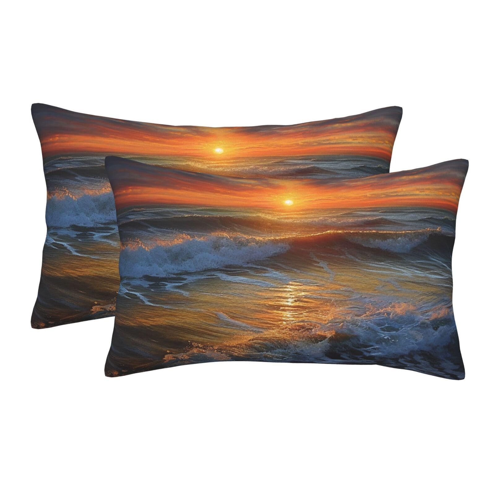2 Pack Pillow Cases with Hidden Zipper, Soft Breathable Pillow Covers for Hair and Skin, Sunset Seascape Pillowcases 16"x24" Bed Pillow Protectors Cover for Sleeping Gifts