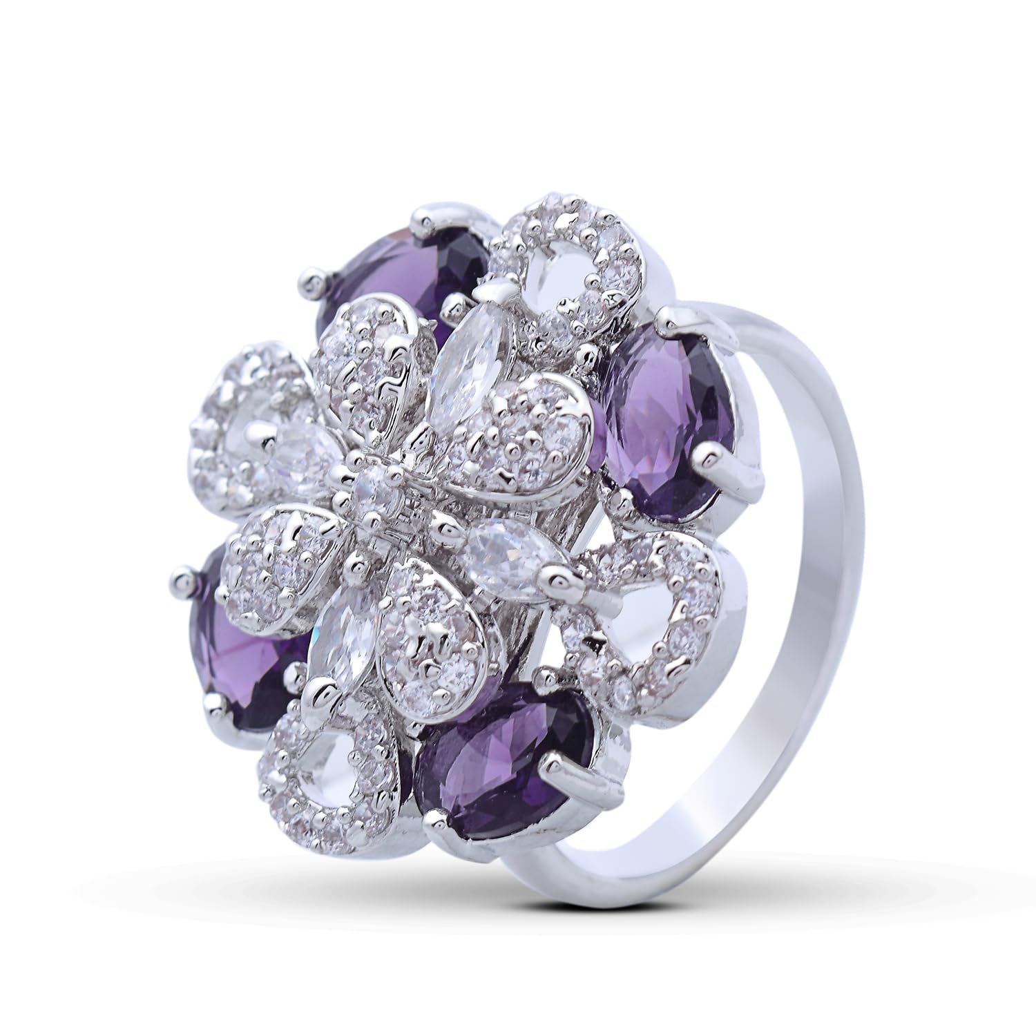 Trendisia Aqua & White Floral Cocktail Ring for Women | CZ Diamond Studded Adjustable Finger Ring-image-8